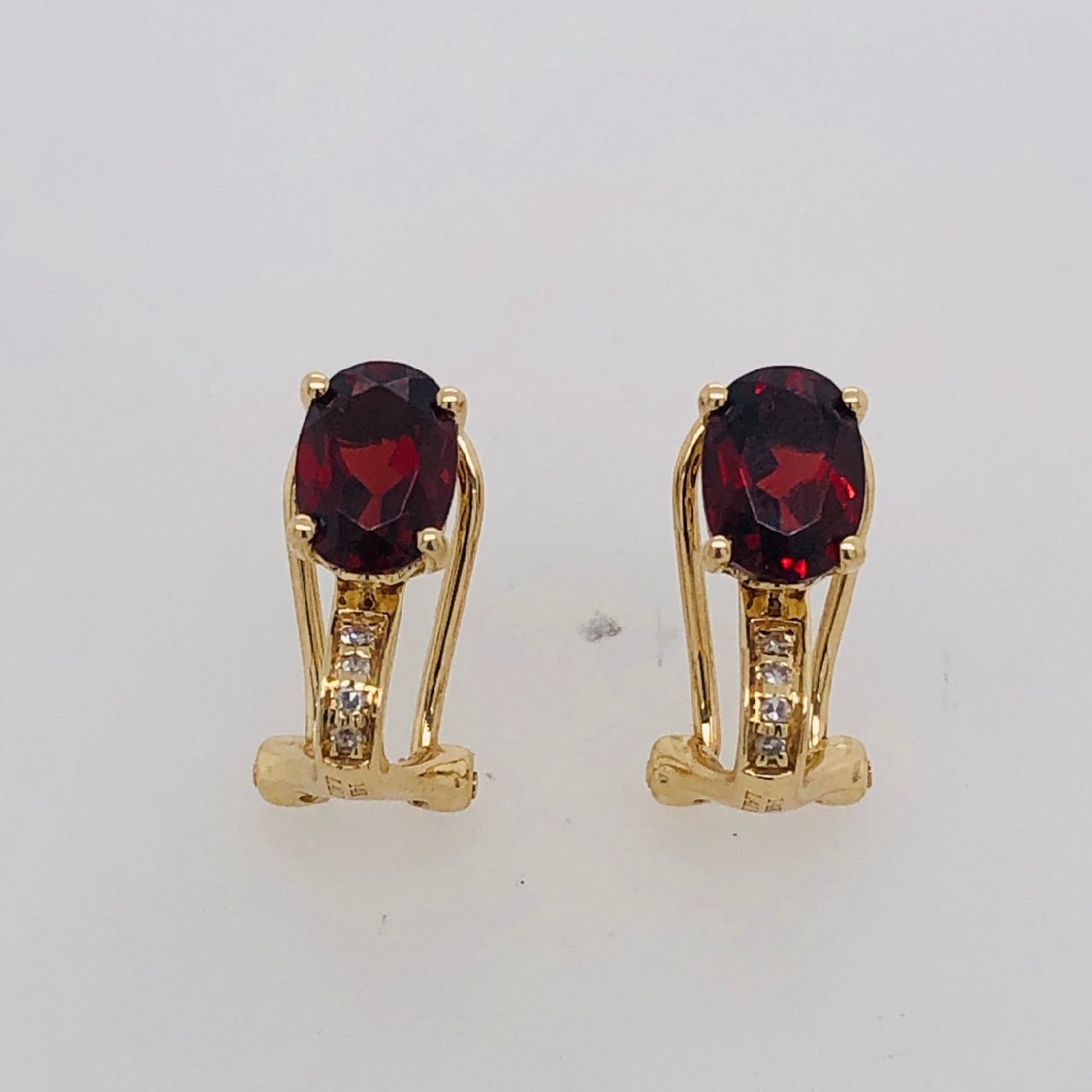 14K Yellow Gold Garnet and Diamond Earrings with Omega Backs 