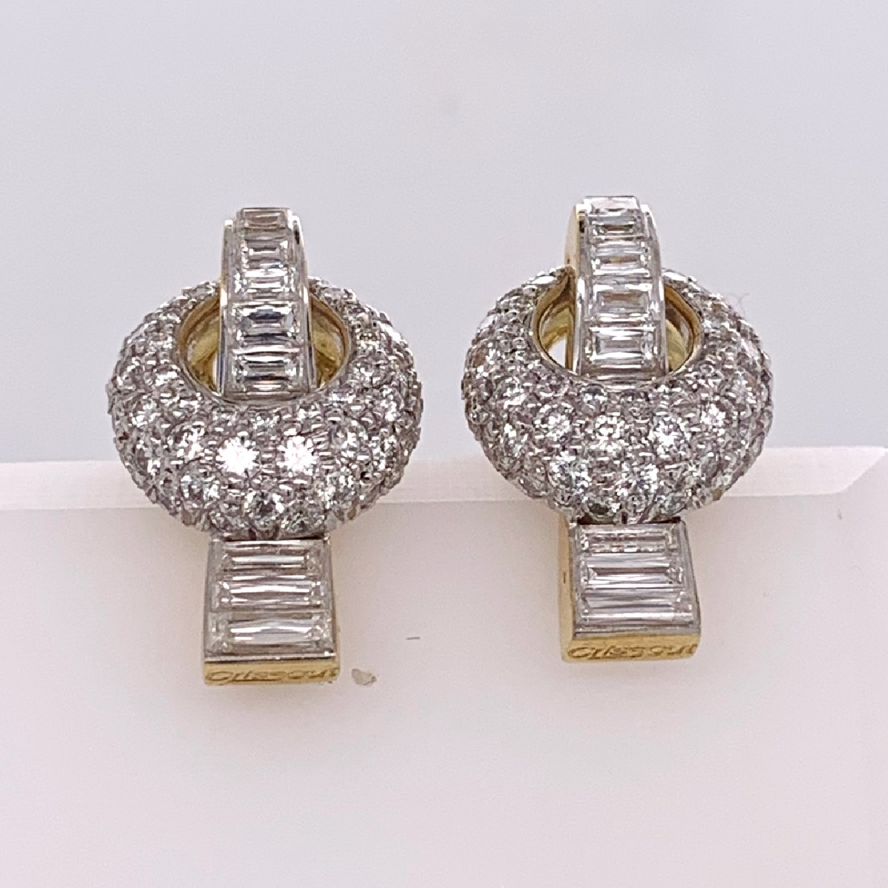 18K Two Tone Christoper Designs Pave Round and Baguette Diamond Earrings 4CTTW