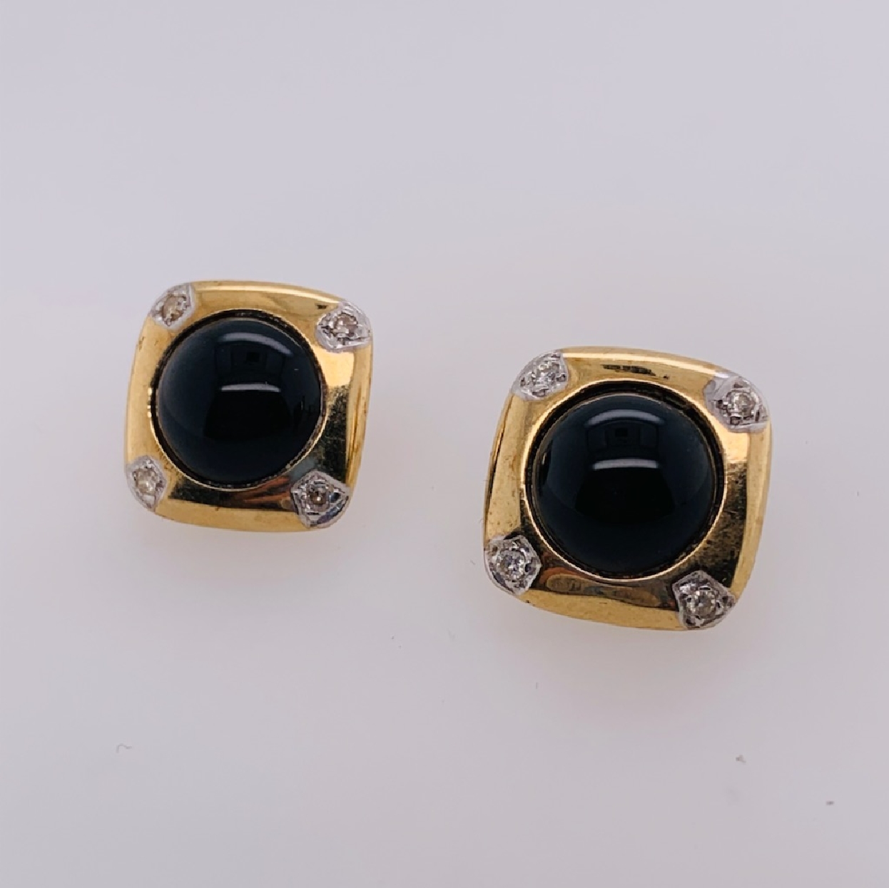 14K Yellow Gold Stud Earrings with Onyx Cabachons and Diamond Accents