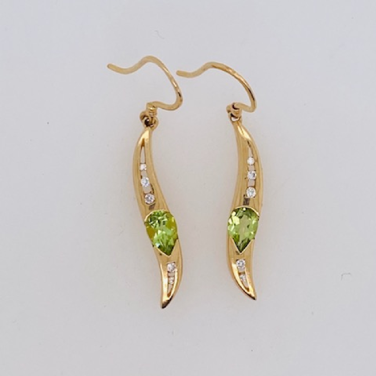 14K Yellow Gold Wave Drop Earrings with Pear Shaped Peridot and Diamond Accents