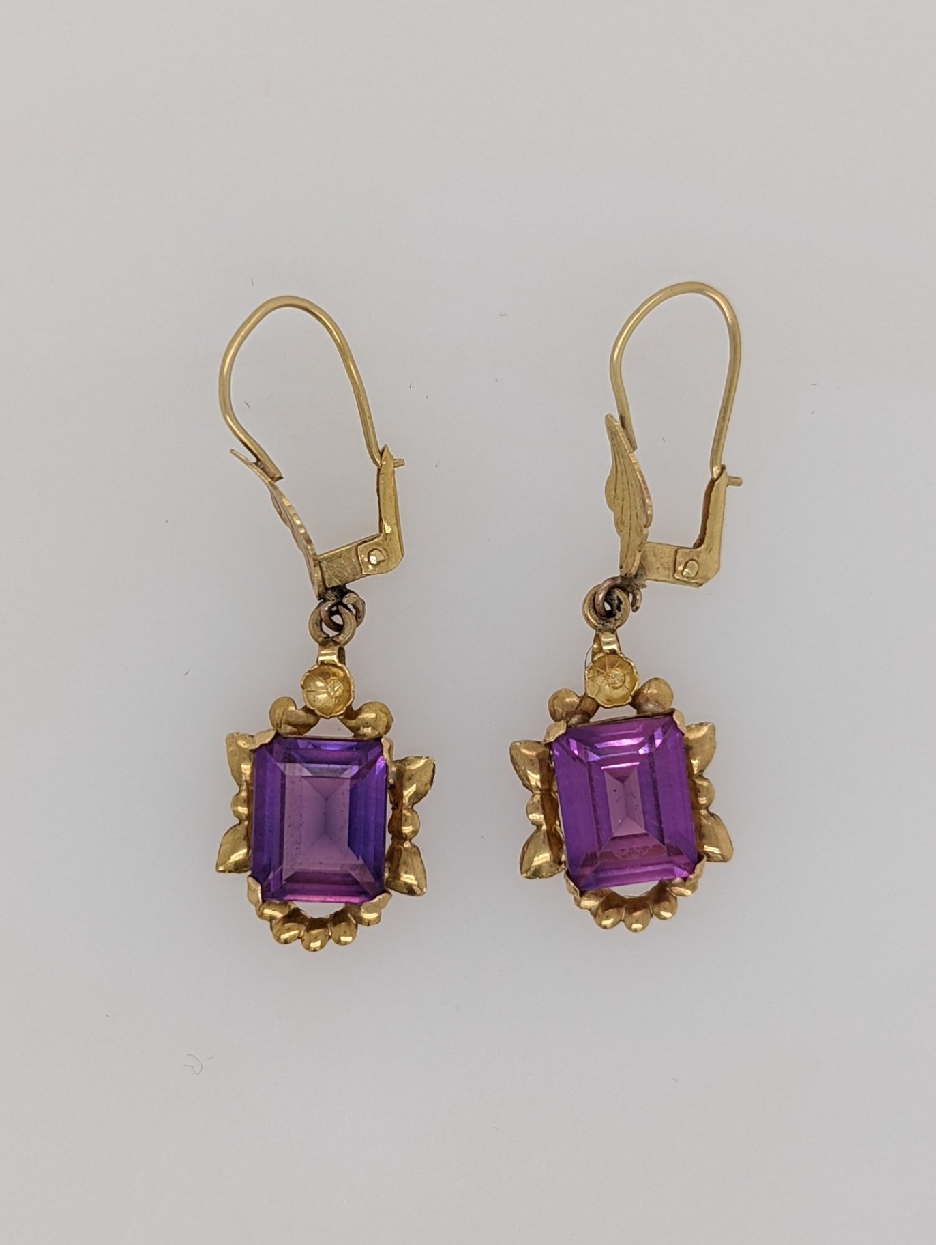 18K Yellow Gold Drop Earrings with Emerald Cut Synthetic Sapphires in a Floral Setting