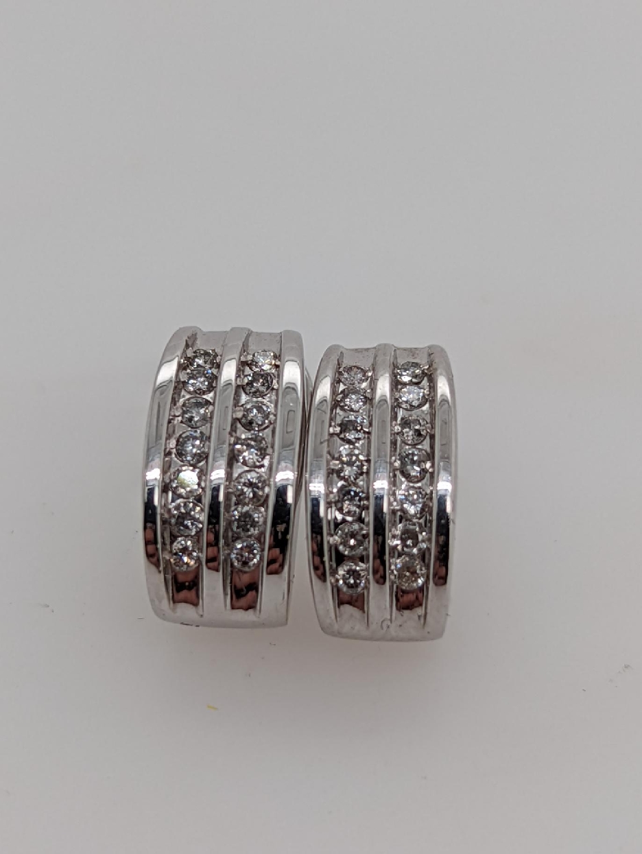 14K White Gold Double Row Channel Set Diamond Earrings with Omega Backs