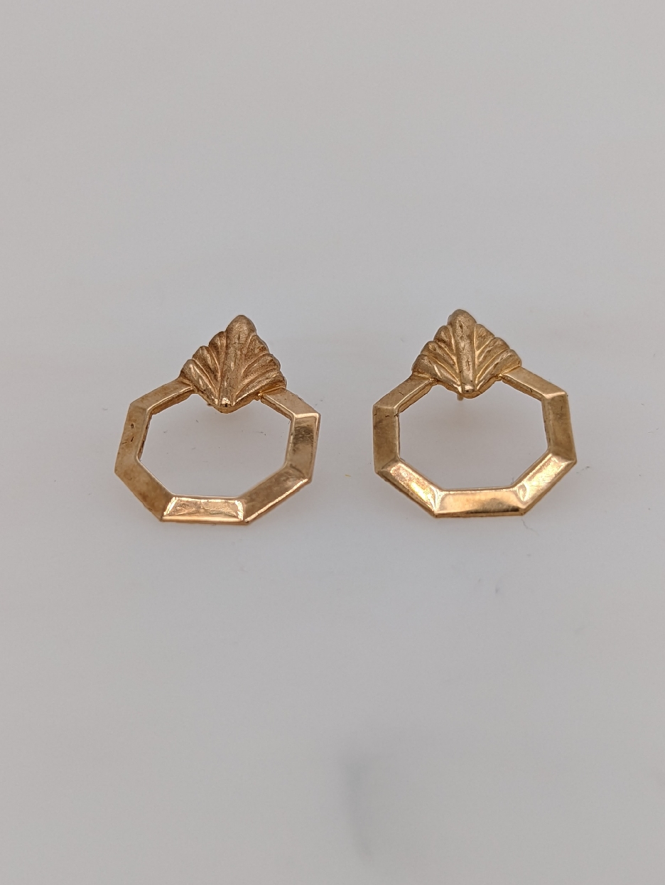 14K Yellow Gold Octagon Stud Earrings with Leaf Detail