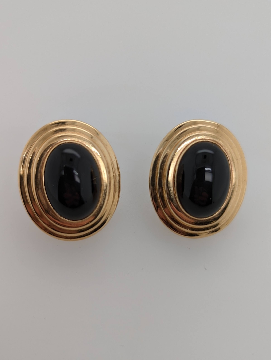 14K Yellow Gold and Oval Onyx Studs with Omega Backs