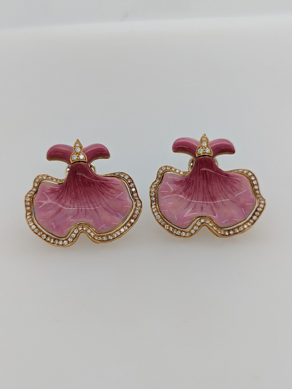 18K Yellow Gold Enameled Floral Clip on Earrings with Diamond Accents