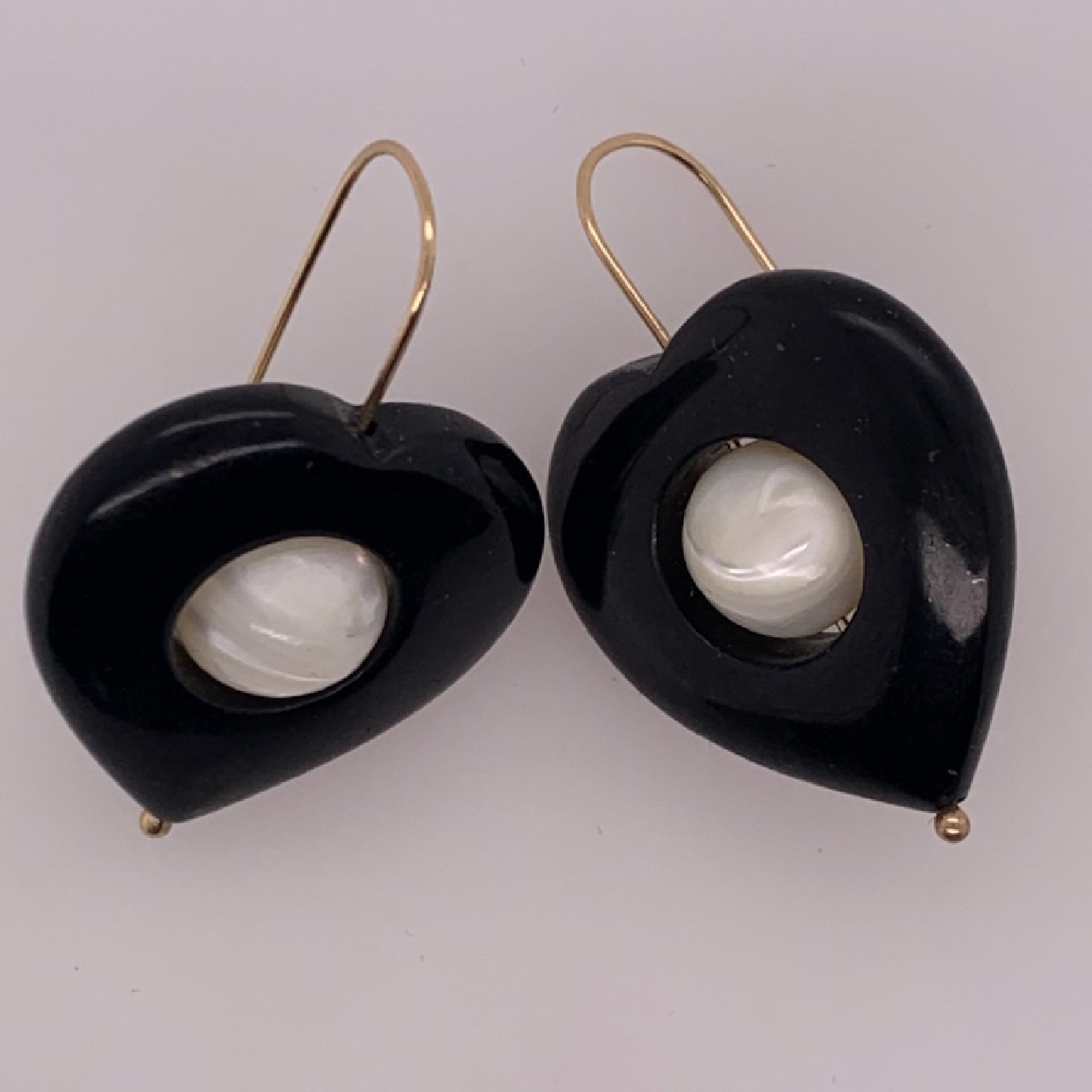 14k Yellow Gold Chunky Onyx and Mother Of Pearl Heart Drop Earrings