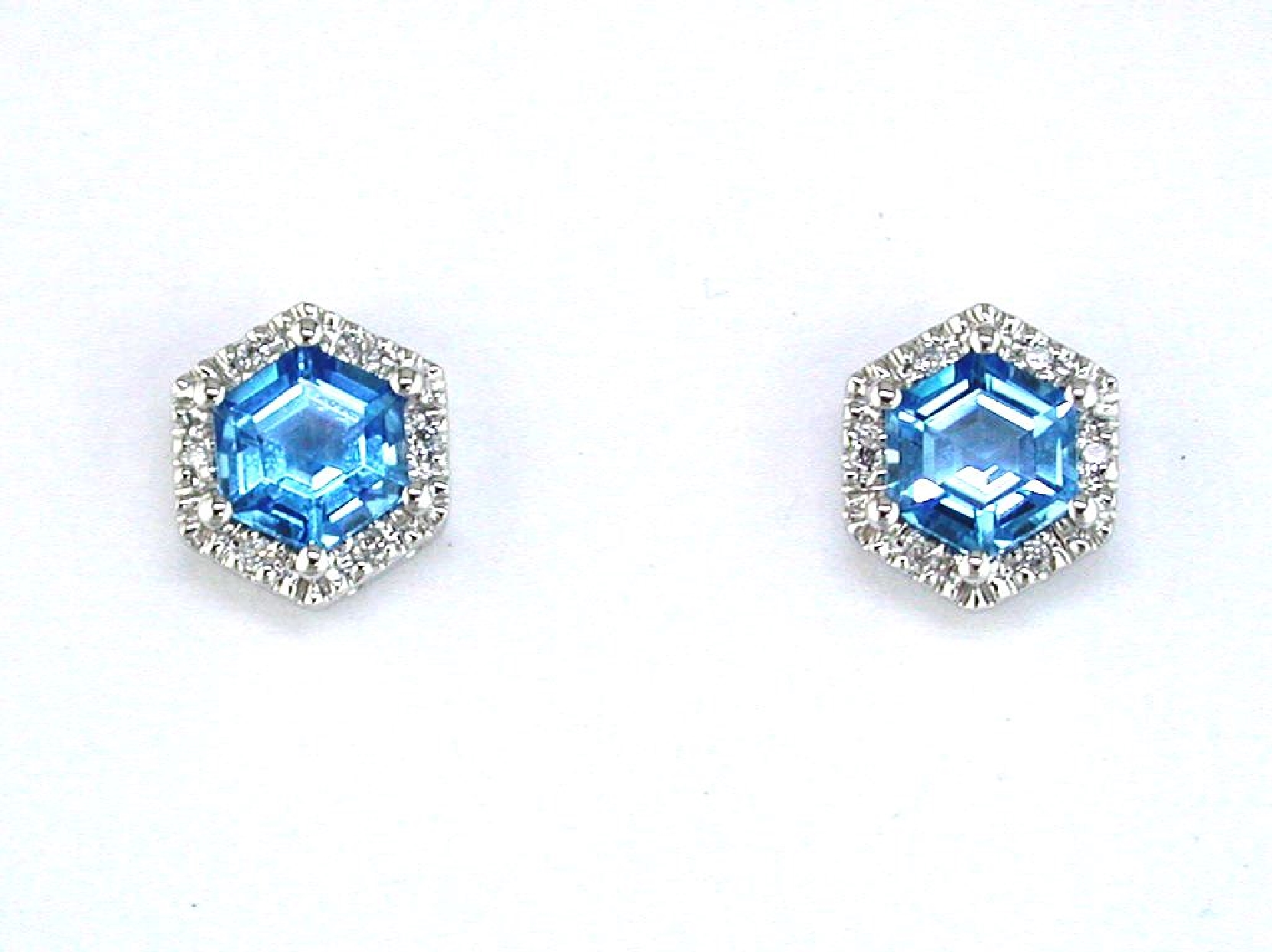 14K White Gold Hexagonal Cut Blue Topaz Studs with Diamond Halo
1.30CTTW Blue Topaz
0.05CTTW Diamonds