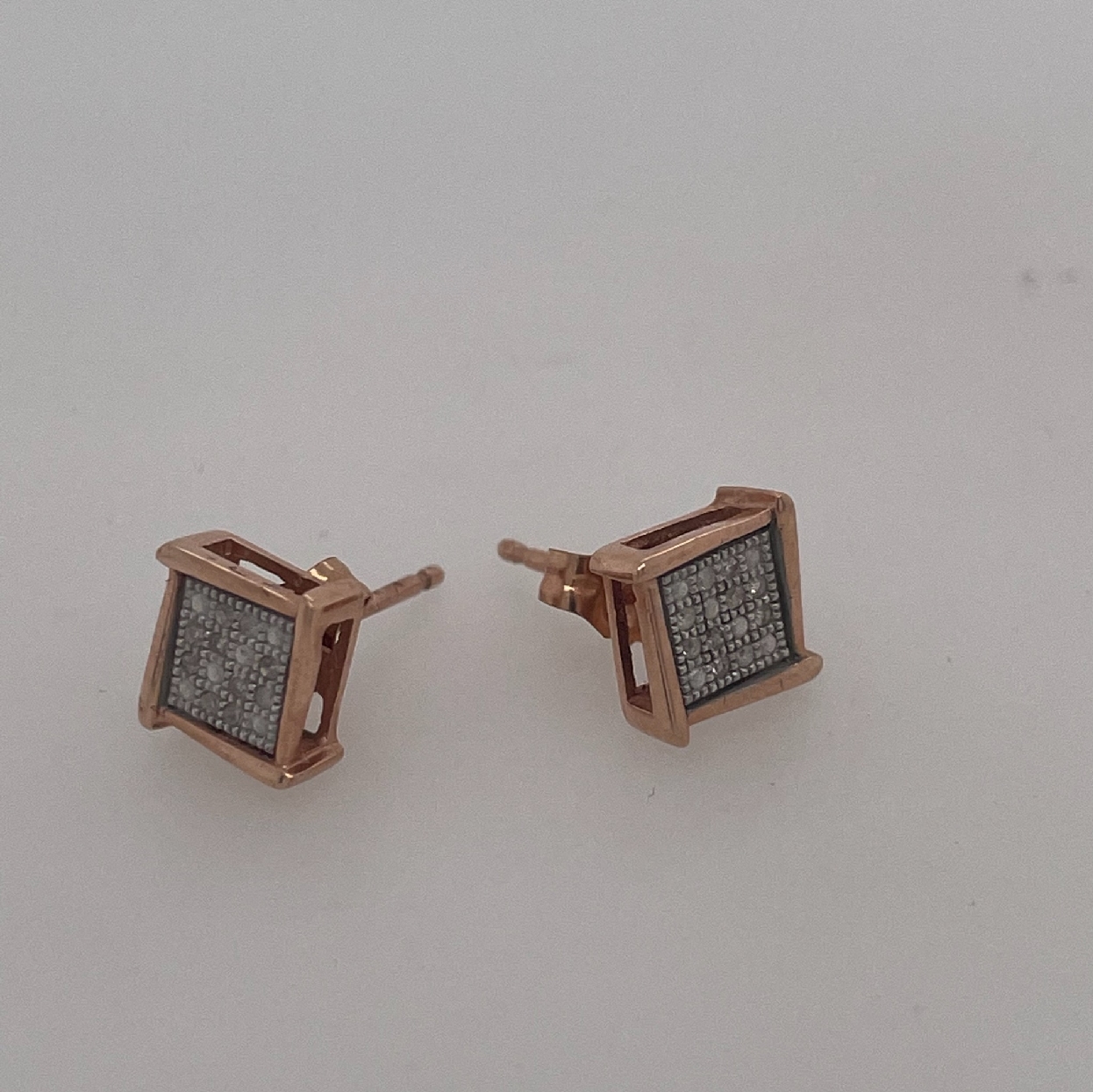 14k Rose Gold Square Studs with Micro Pave Diamond Settings