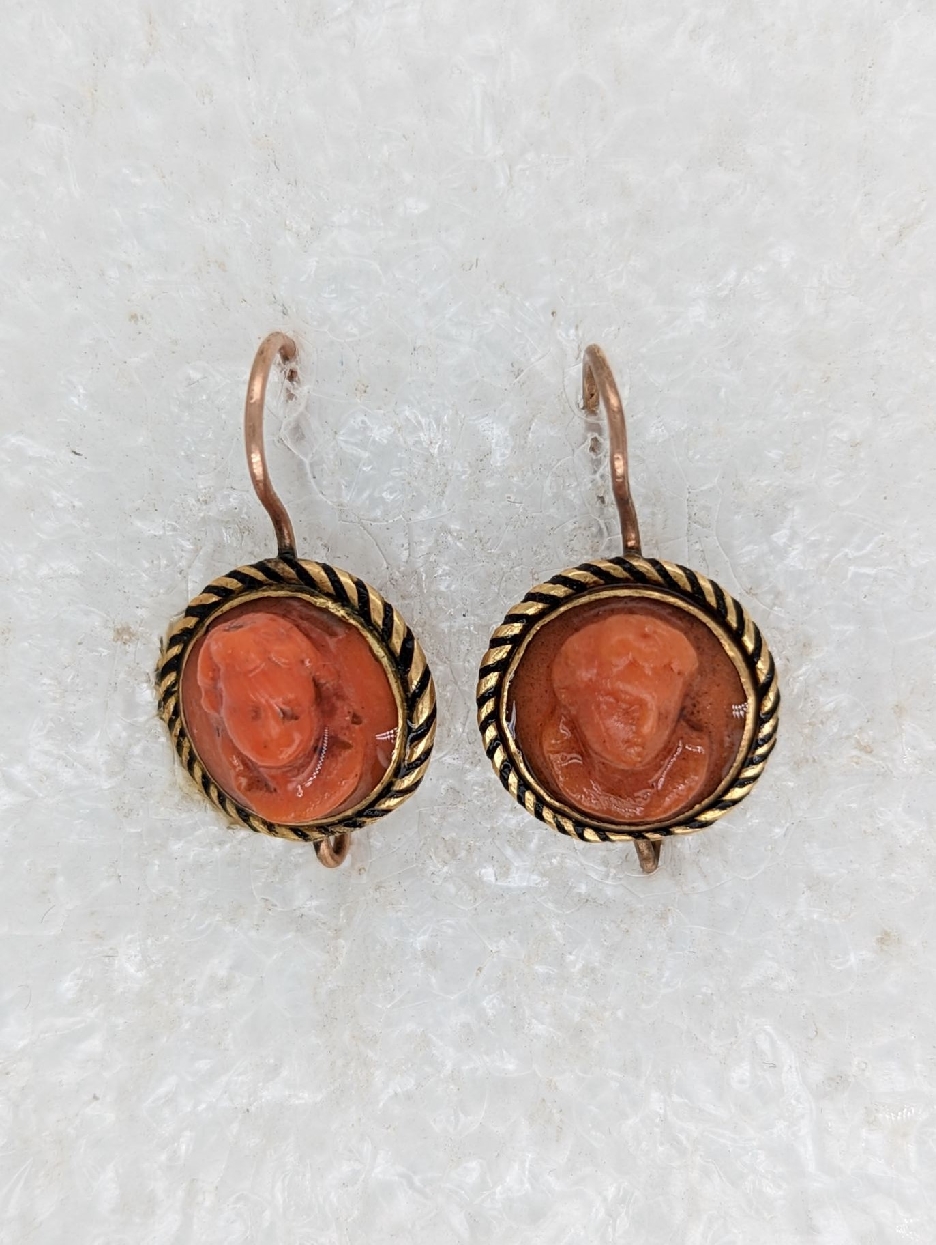 Antique 14K Yellow Gold and Coral Cameo Drop Earrings with Shepard s Hooks