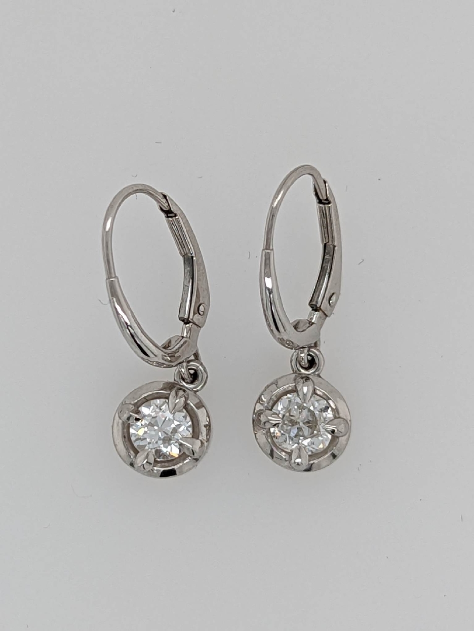 Platinum Set Diamond Drop Earrings with 14K White Gold Lever Backs; 0.81CTTW