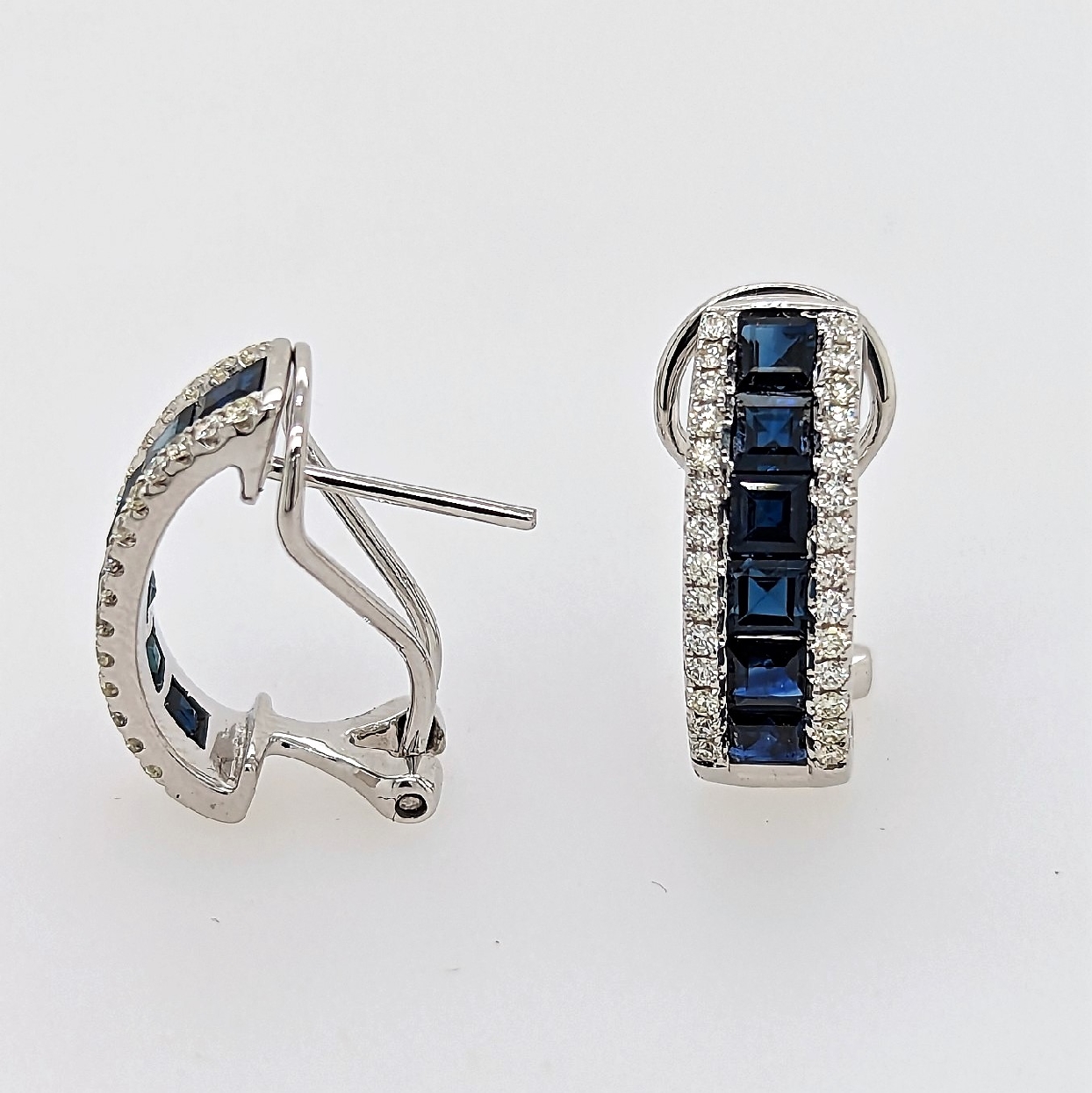 14K White Gold Princess Cut Sapphire and Diamond Earrings with Omega Backs
2.55CTTW Sapphires
0.40CTTW Diamonds