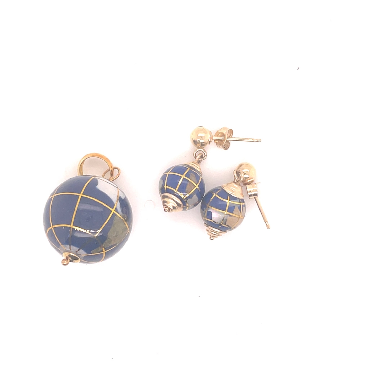 14K Yellow Gold Globe Pendant and Earring Set with Multi Stone Land 