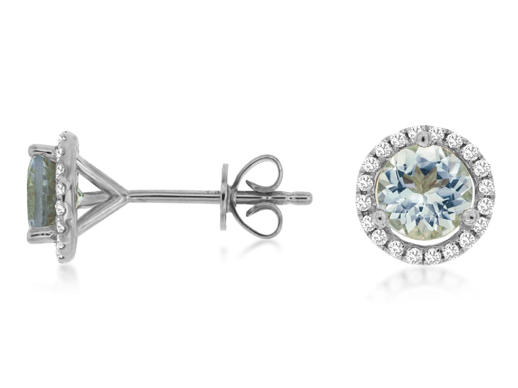14K White Gold Round Aquamarine Stud Earrings with Diamond Halo and Friction Backs

1.10cttw Aquamarines
0.16cttw Diamonds