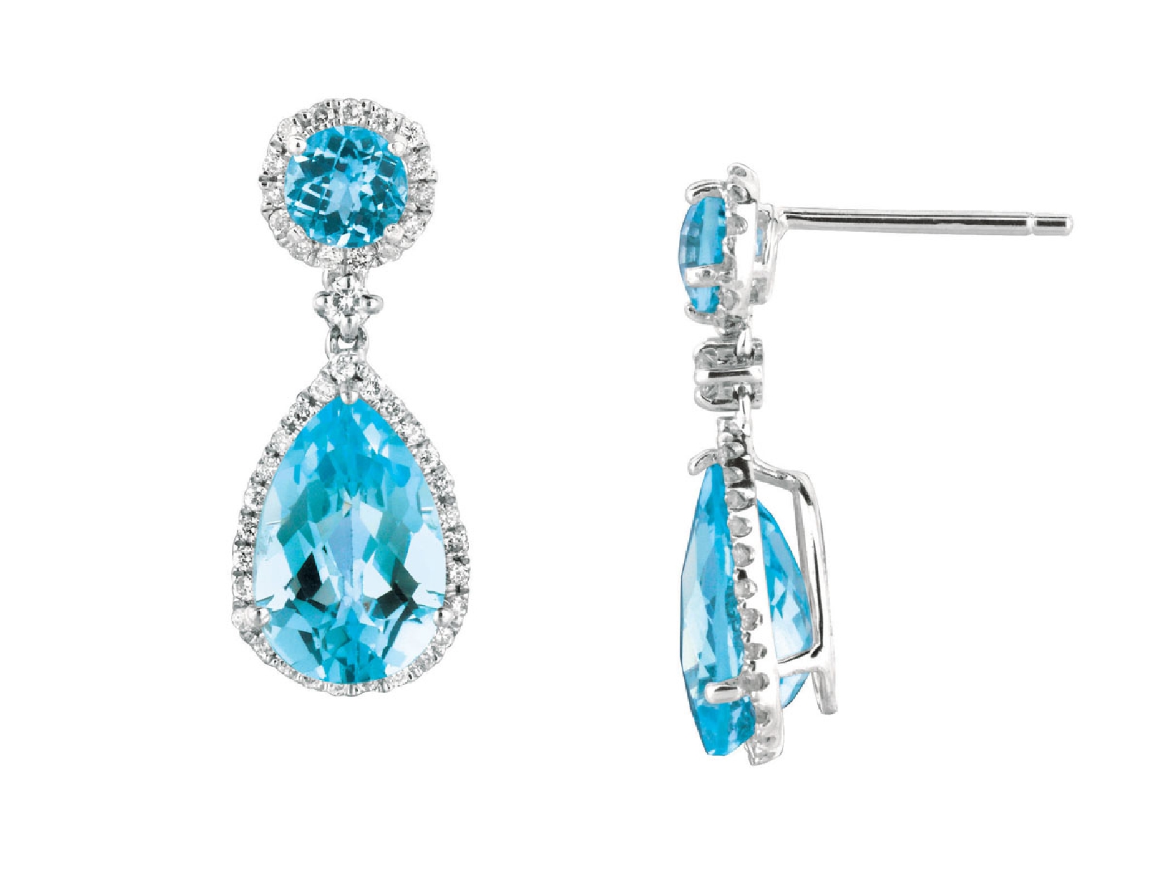14k White Gold Pear Shaped Blue Topaz Drop Earrings with Diamond Accents 

7.8cttw Blue Topaz
0.5cttw Diamonds