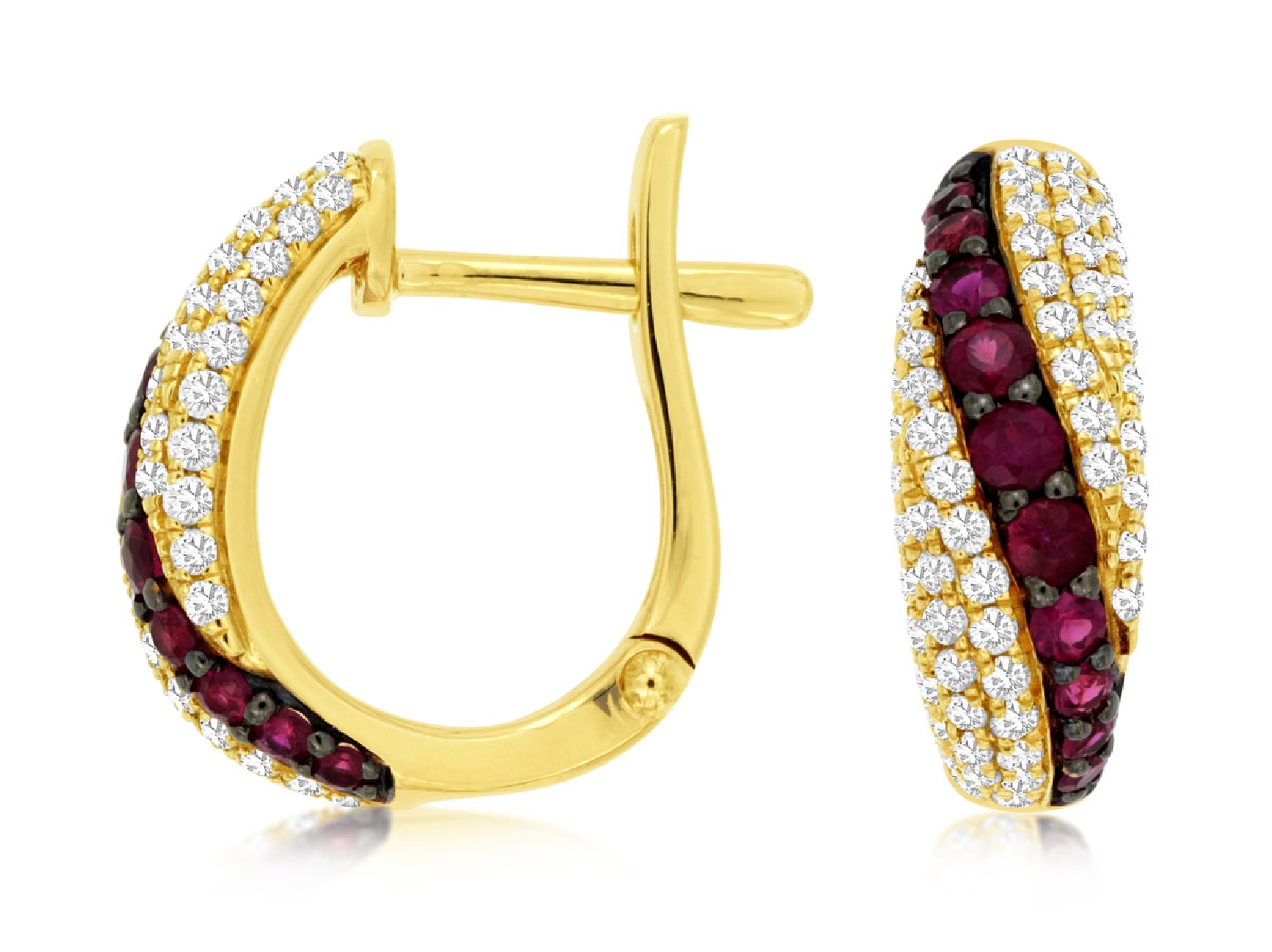 14K Yellow Gold Hinged Hoop Earrings with Crossover Ruby and Diamond Pave Design

.45cttw Rubies 
0.48cttw Diamonds
