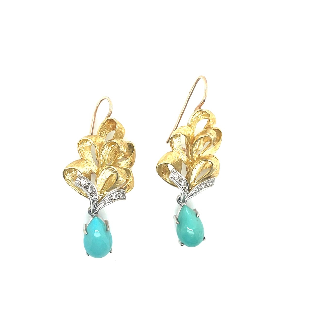 18K Yellow Gold Earrings with Turquoise and Diamonds 