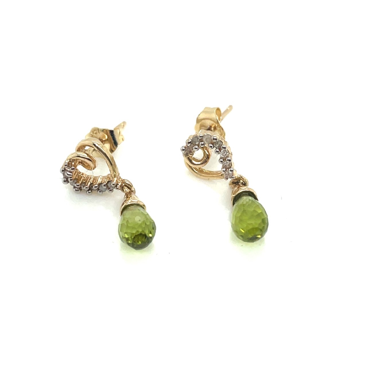 14K Yellow Gold Peridot and Diamond Drop Earrings with Heart Shaped Detail 