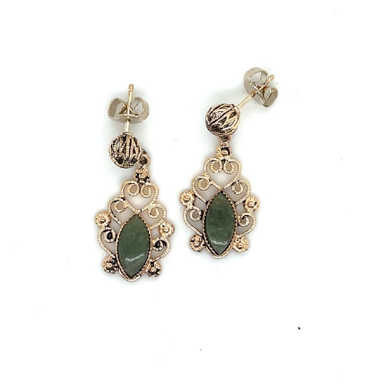 14K Yellow Gold Oval Jade Stud Earrings with Filigree Detailing