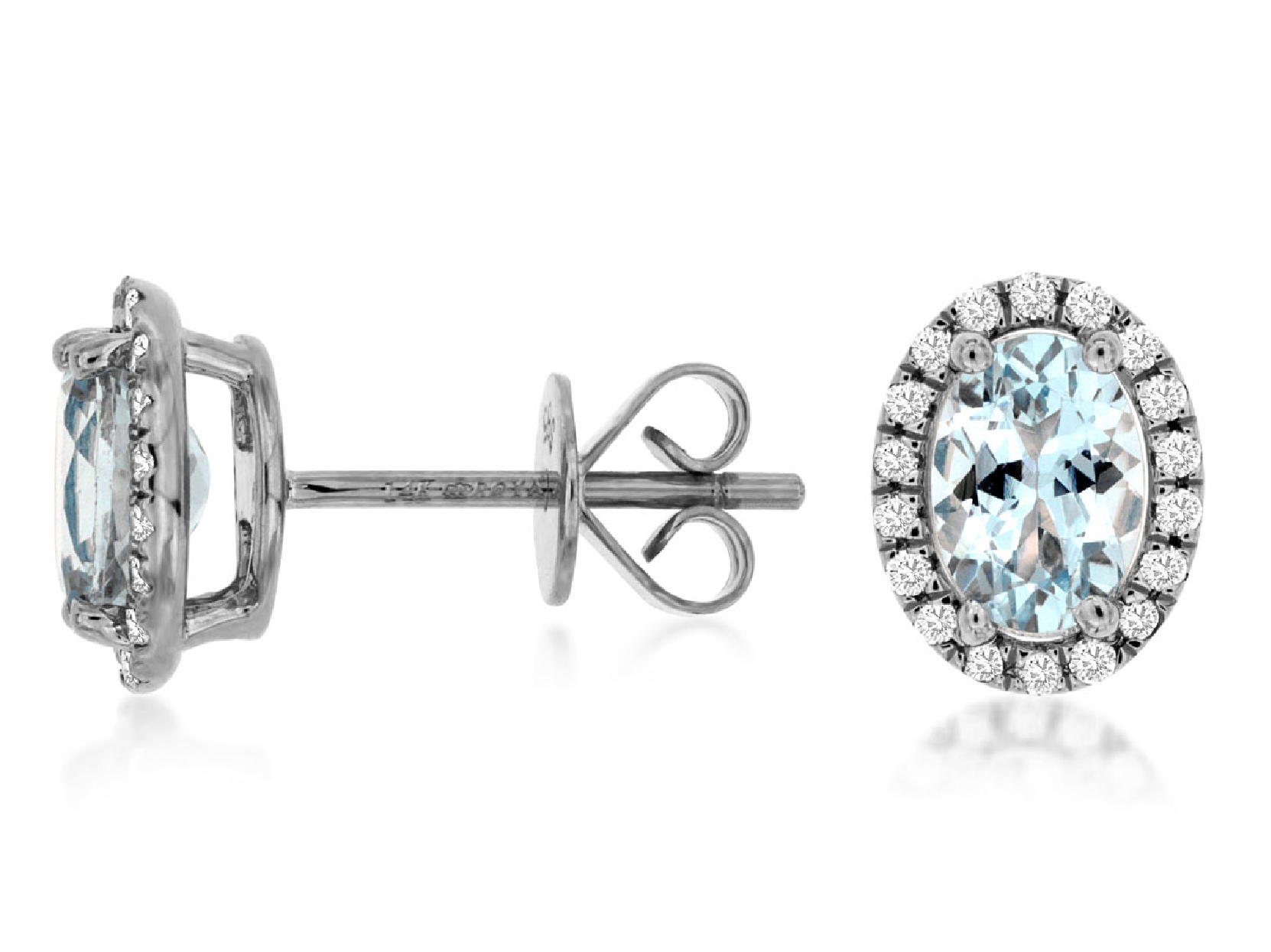 14K White Gold Oval Aquamarine Earrings with Diamond Halo
.19CT Diamonds
1.35CT Aquamarines 