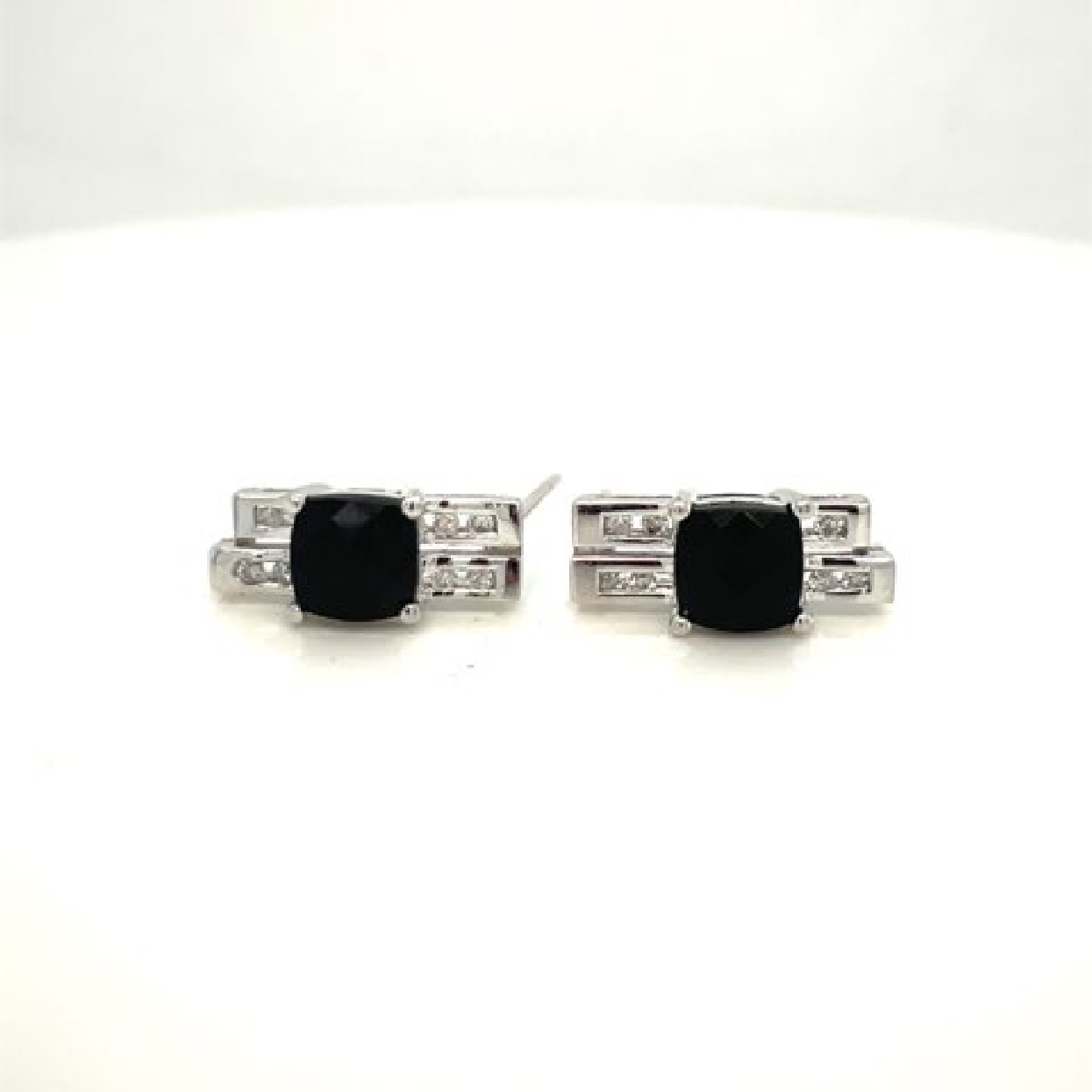 14K White Gold Earrings with Black Center Stone and Diamonds