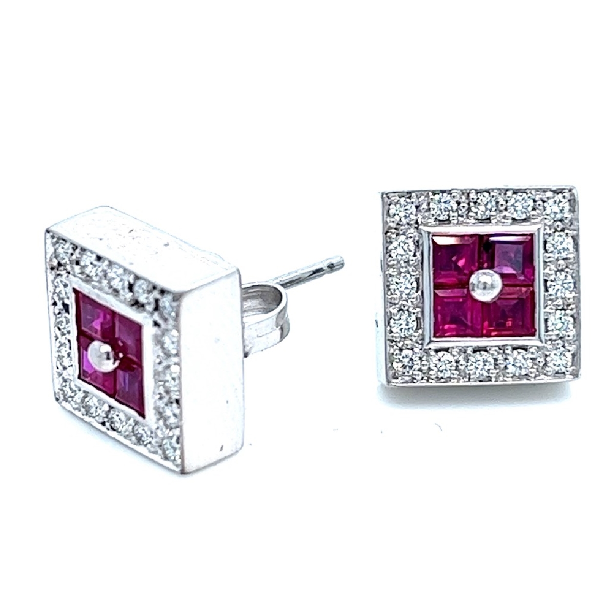 14K White Gold Square Cut Ruby Stud Earrings with Diamond Halo 