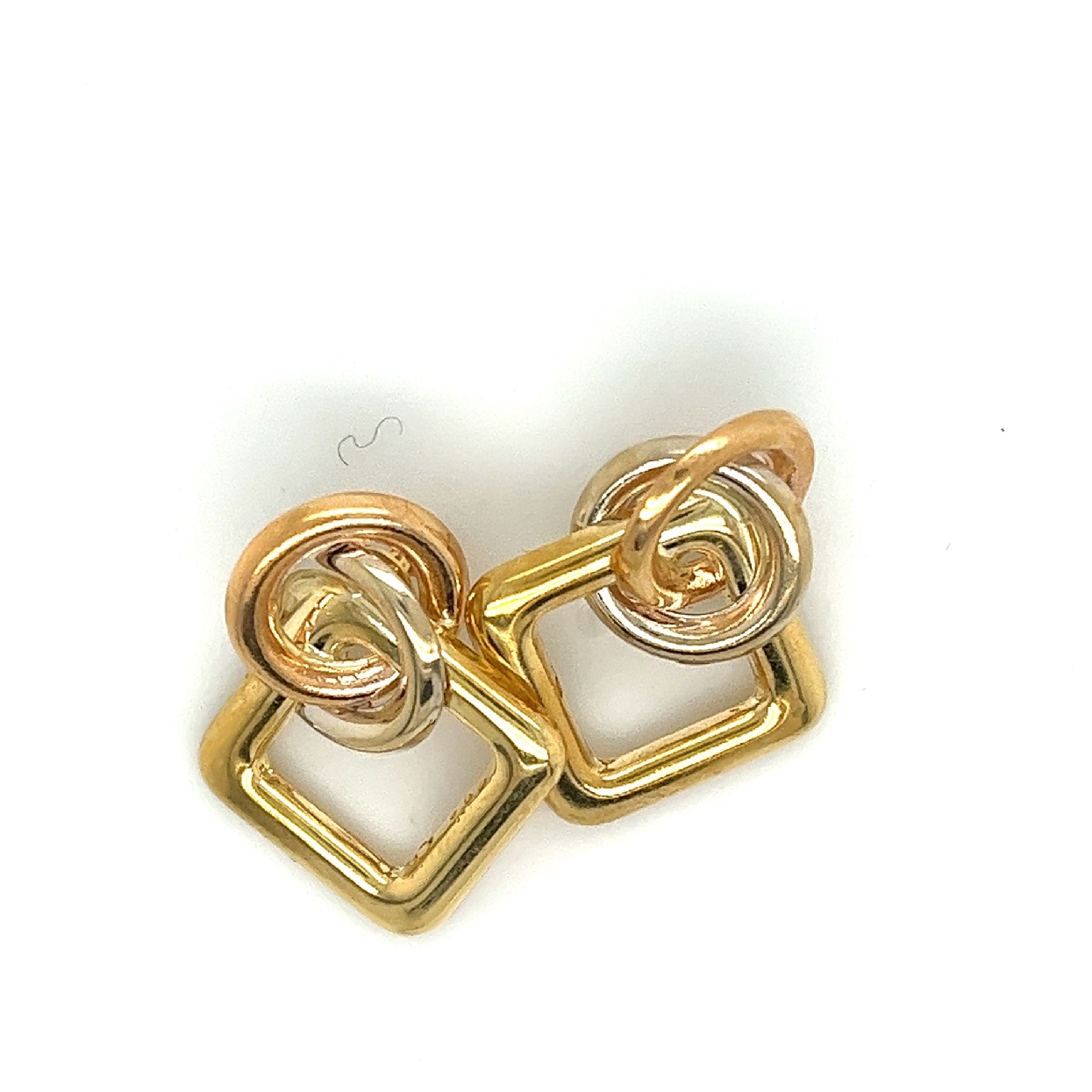 18K Tri Tone Gold Earings With Circle and Square Intertwining Shapes 