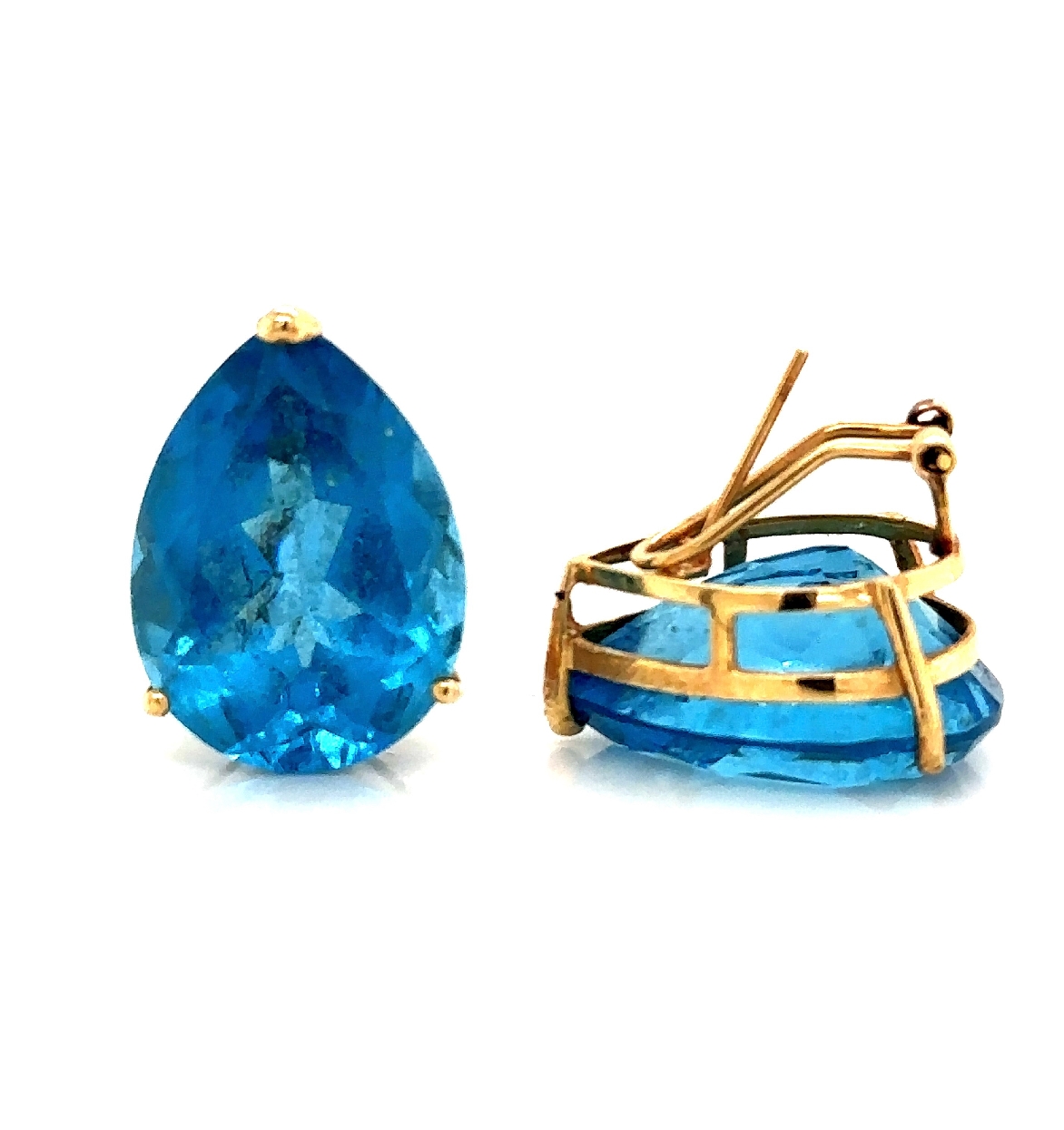 14K Yellow Gold Blue Pear Topaz Earrings with Omega Backing



