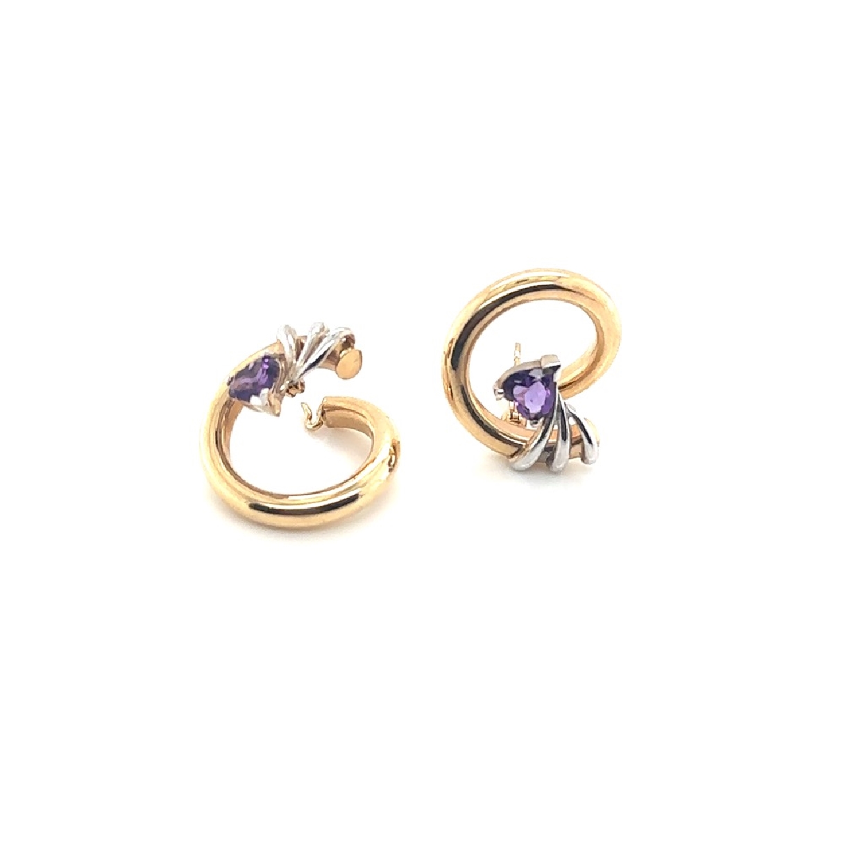 14K Two Toned Yellow and White Gold Earrings with Heart Amethyst

