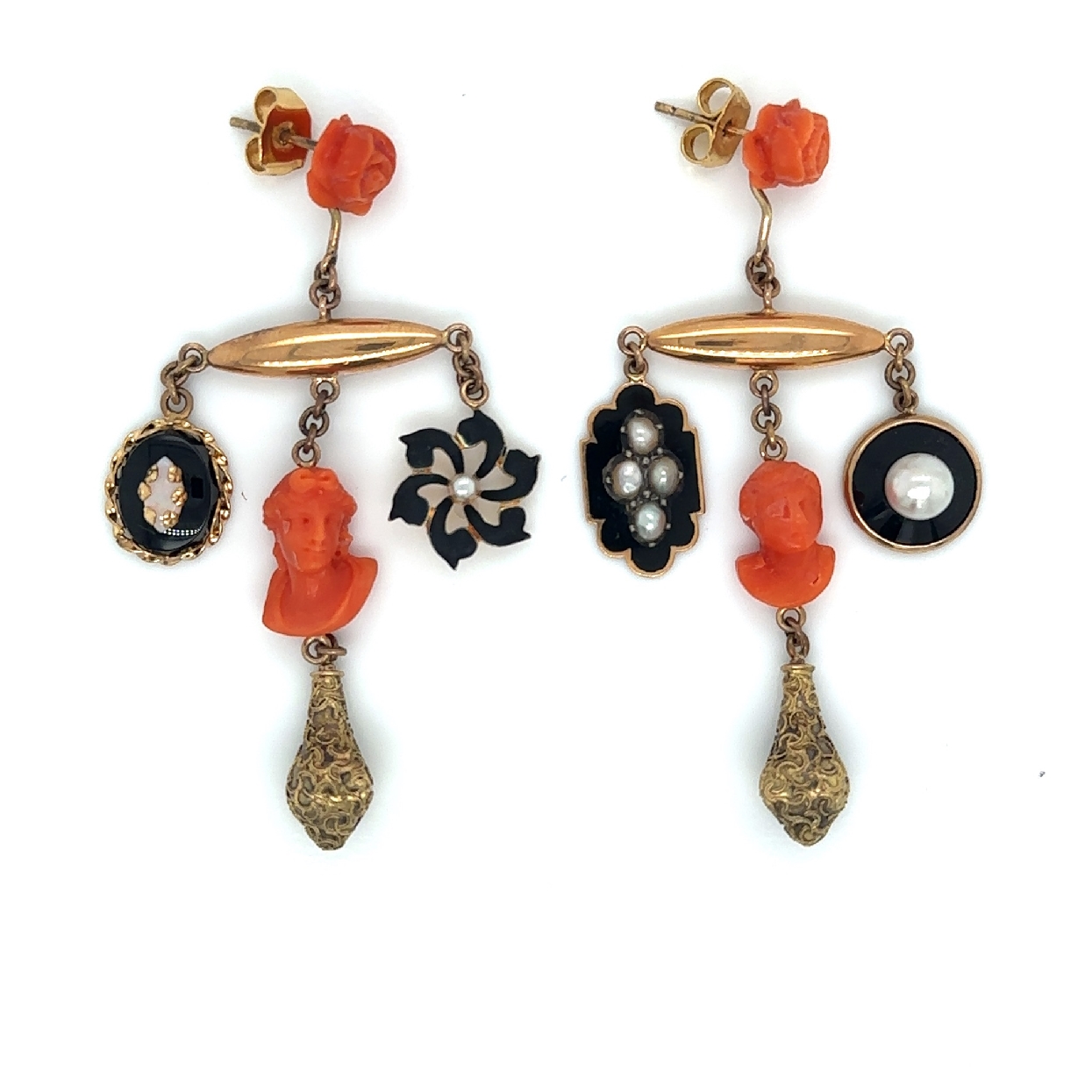 14K Yellow Gold Chandelier Stud Earrings made from Antique Pearl; Onyx; and Coral Repurposed Stick Pins 

3 Inches Long