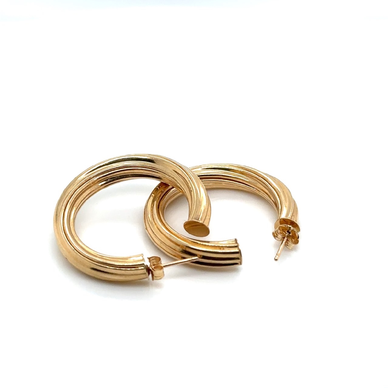 14K Yellow Gold Hollow Hoops with Ridged Texture