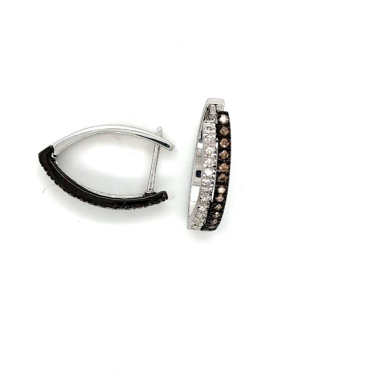 18K White Gold Chocolate and White Diamond V Shaped Hoops