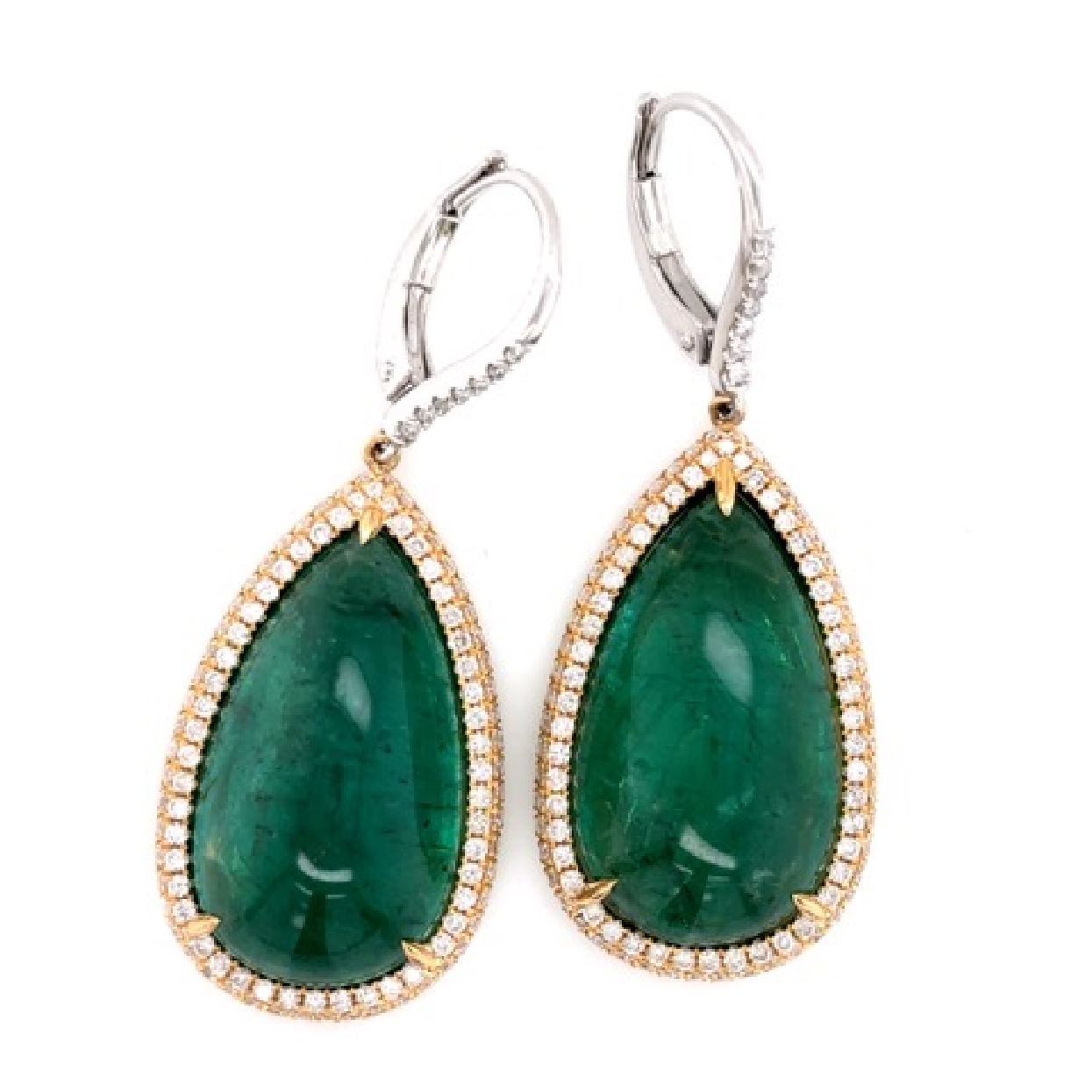 18K White Gold and Platinum Pear Drop Cabochan Emerald 17.87CT Earrings with Diamond Halo .57CT and Leverback