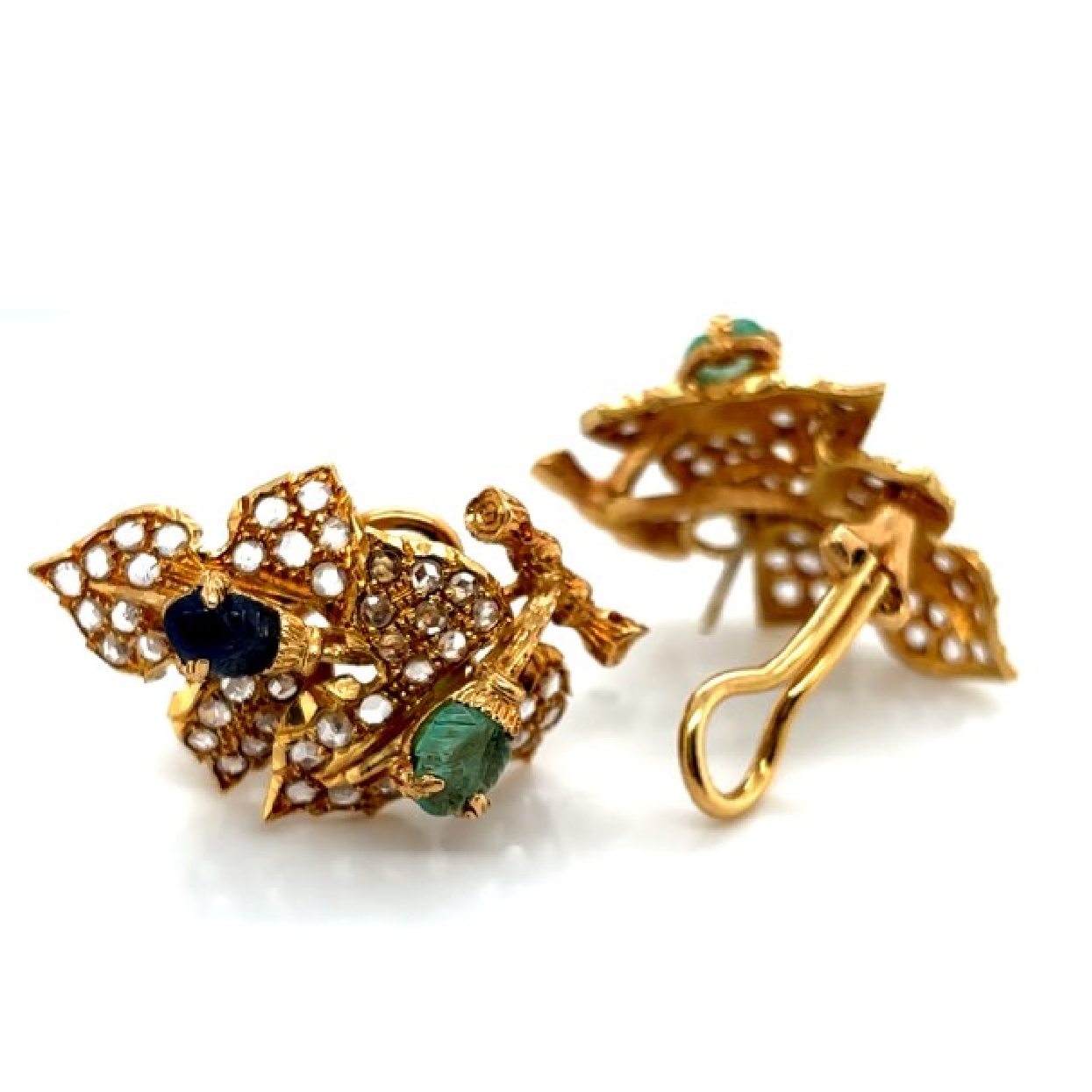 18K Yellow Gold Buccelati Earrings with Rose Cut Diamonds and Carved Emerald and Sapphire Accents with Omega Backs
