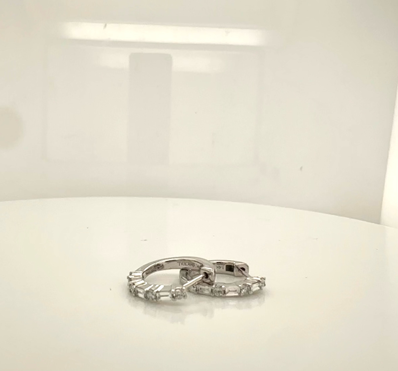 14K White Gold Small Diamond Hoops with Baguette and Round Diamonds 0.38 CT