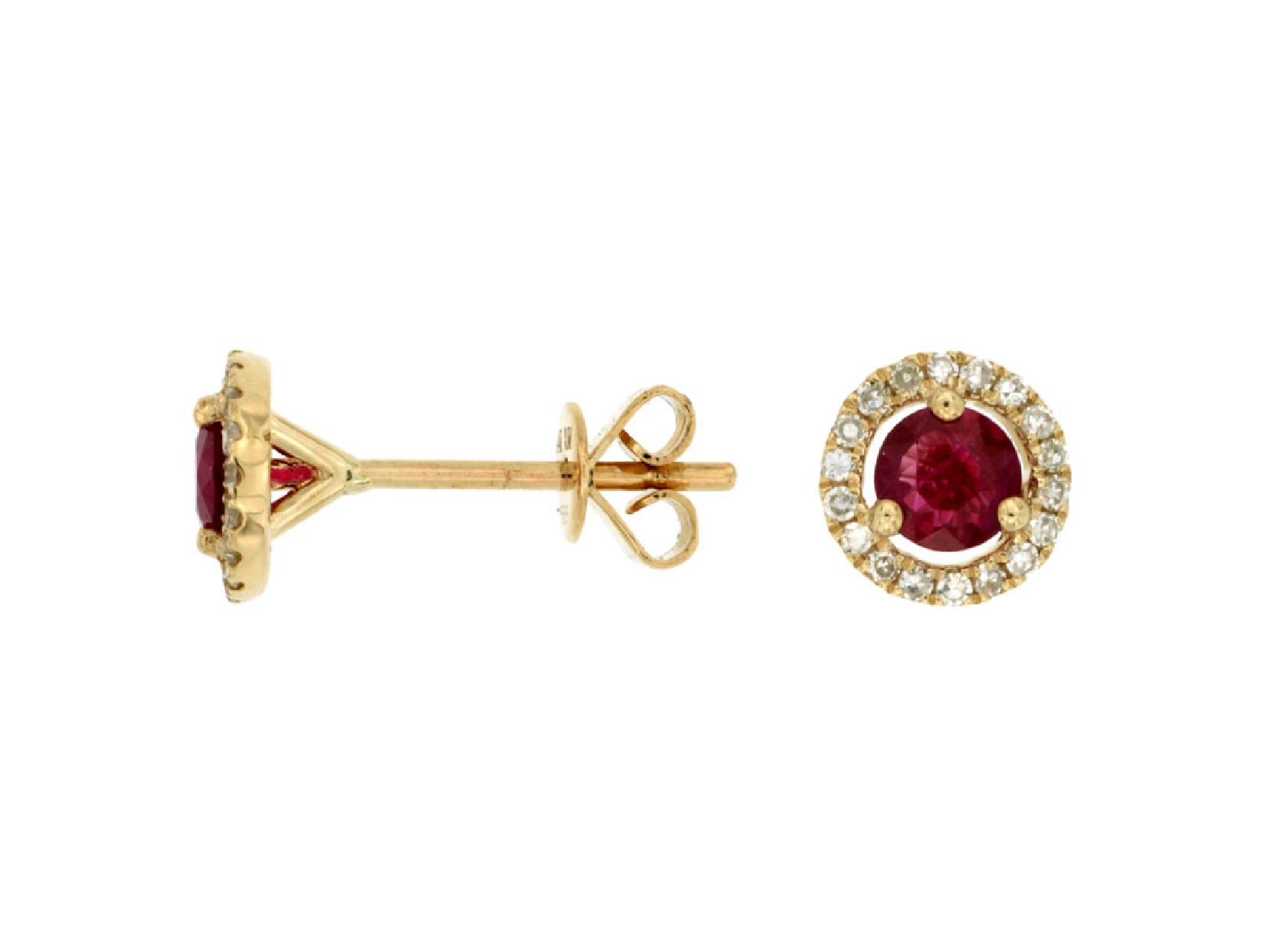14K Yellow Gold Ruby Studs with Diamond Halo
Rubies weigh 0.80CTTW
Diamonds weigh 0.15CTTW