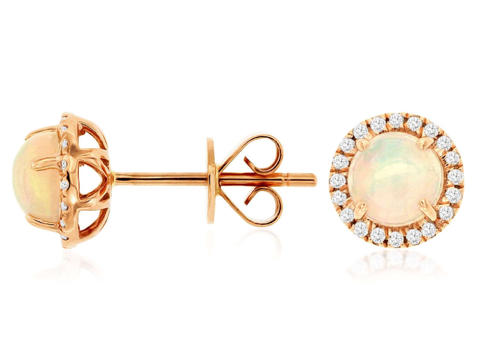 14K Rose Gold Opal and Diamond Halo Stud Earrings 
.16 CTTW DIAMOND 
1.00CTTW OPAL