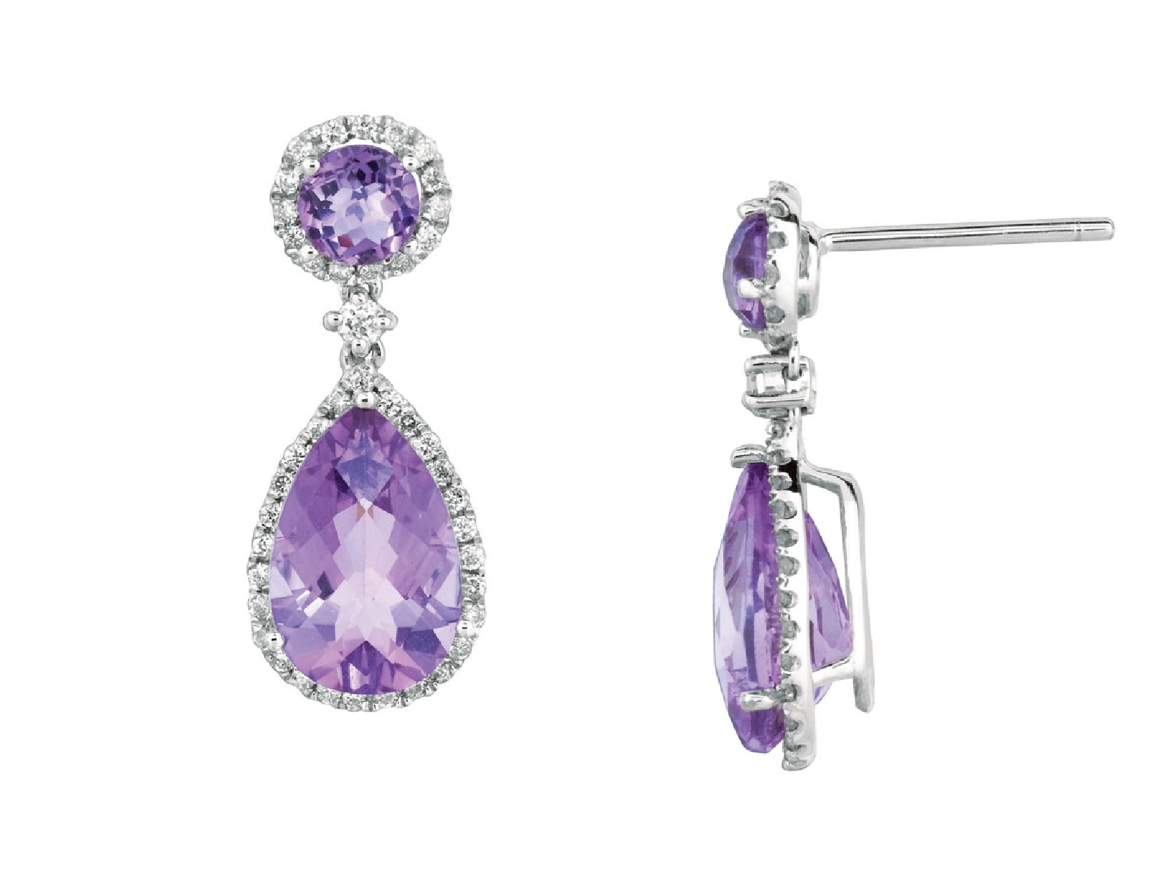 14K White Gold Round Amethyst Stud Earrings with Pear Shape Amethyst Drop with Diamond Accents

6.80cttw Amethysts
0.50cttw Diamonds 