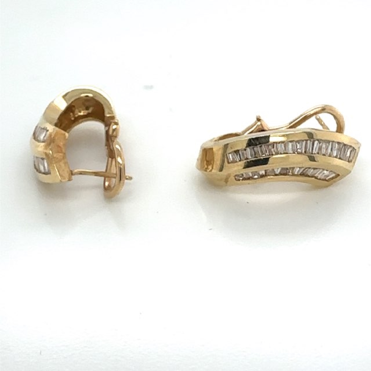 14K Yellow Gold Omega Back J Hoops with Baggettes