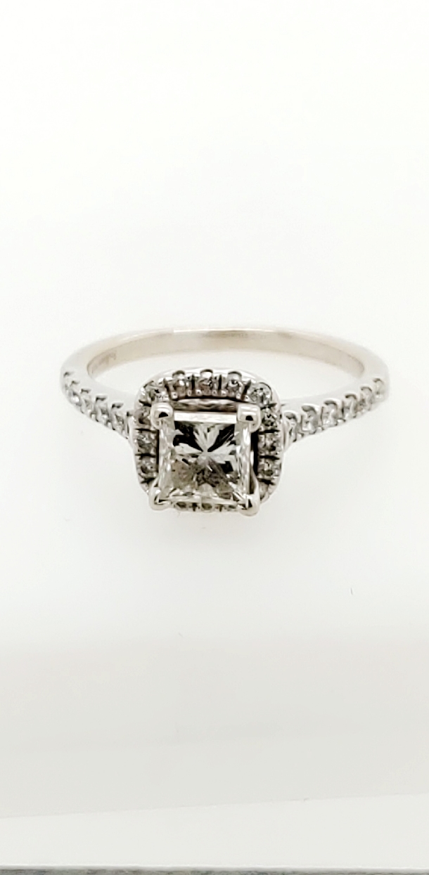 14K WhIte Gold Engagement Ring with 1CT Princess Cut Center Diamond M/SI1 and .47CT of Diamonds on Halo and Shank Size 6