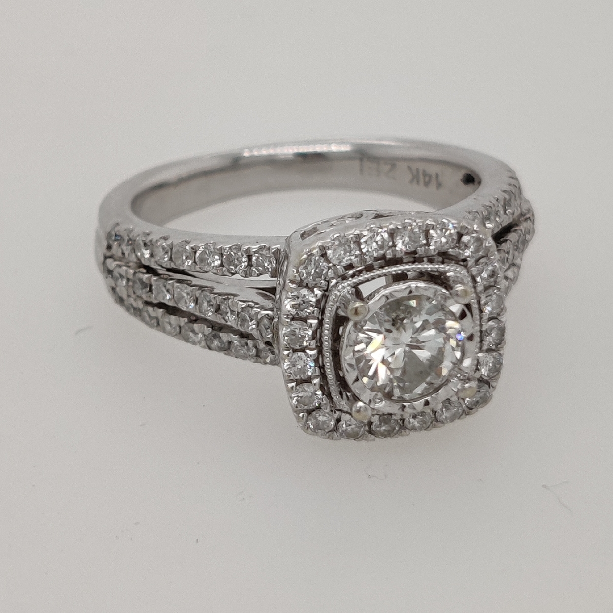14K White Gold Engagement Ring with .87CT H/I1 Center and Diamond Halo and Triple Shank Size 5.5