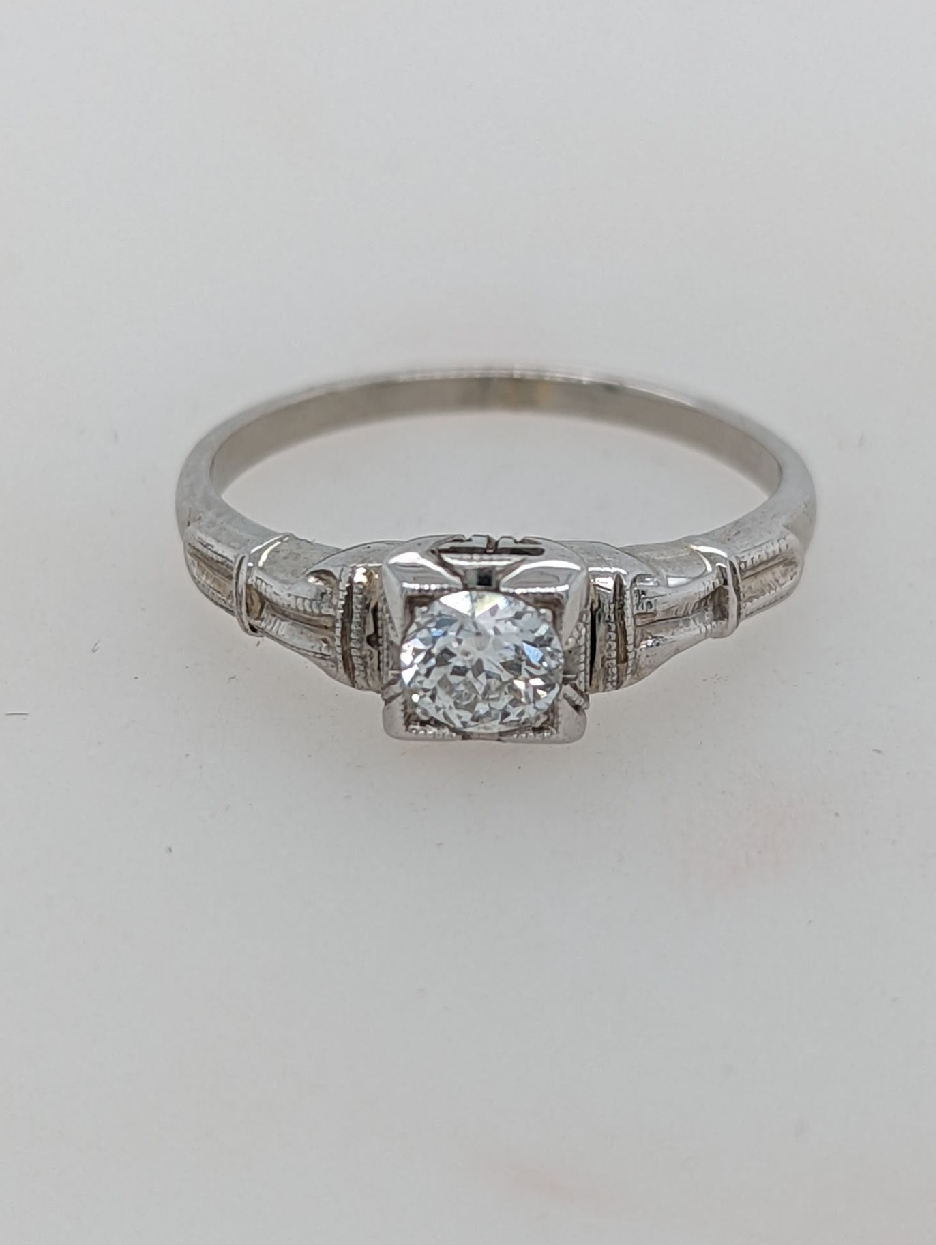 18K White Gold Edwardian Engagement Ring With Milgrain Detail; Size 5.25