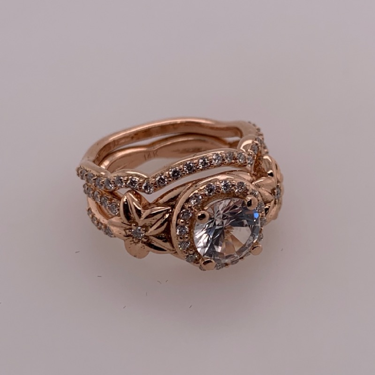 14K Rose Gold Wedding Set with White Sapphire Center and Diamond Accents; Size 6