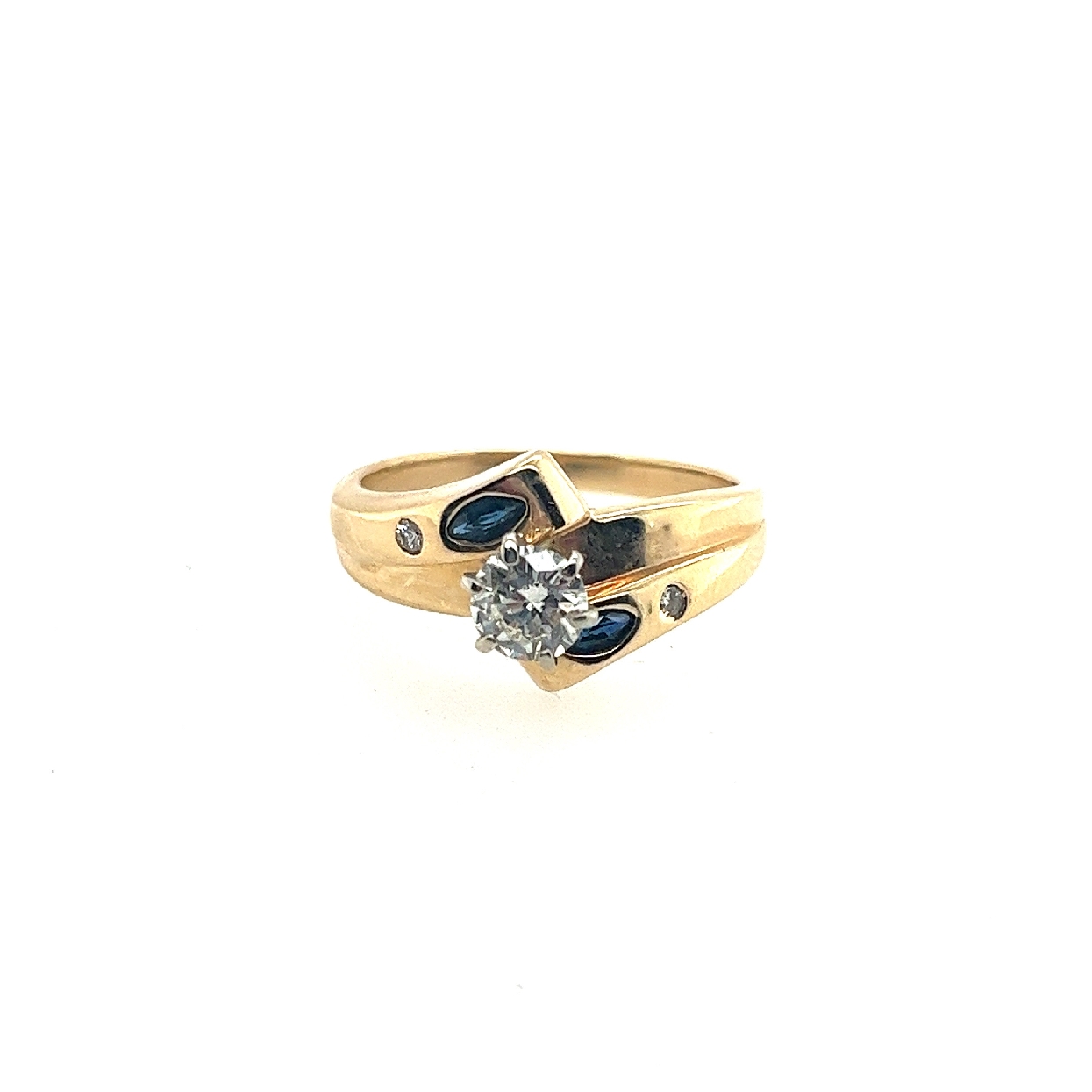 14K Yellow Gold Bypass Style Diamond Engagement Ring with Sapphire and Diamond Accents 

0.5CTW Center SI1/H
Size 8