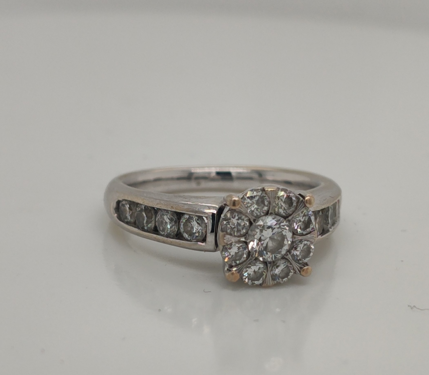 14K White Gold Cluster Engagement Ring with Channel set Diamonds on band Size 6.75
