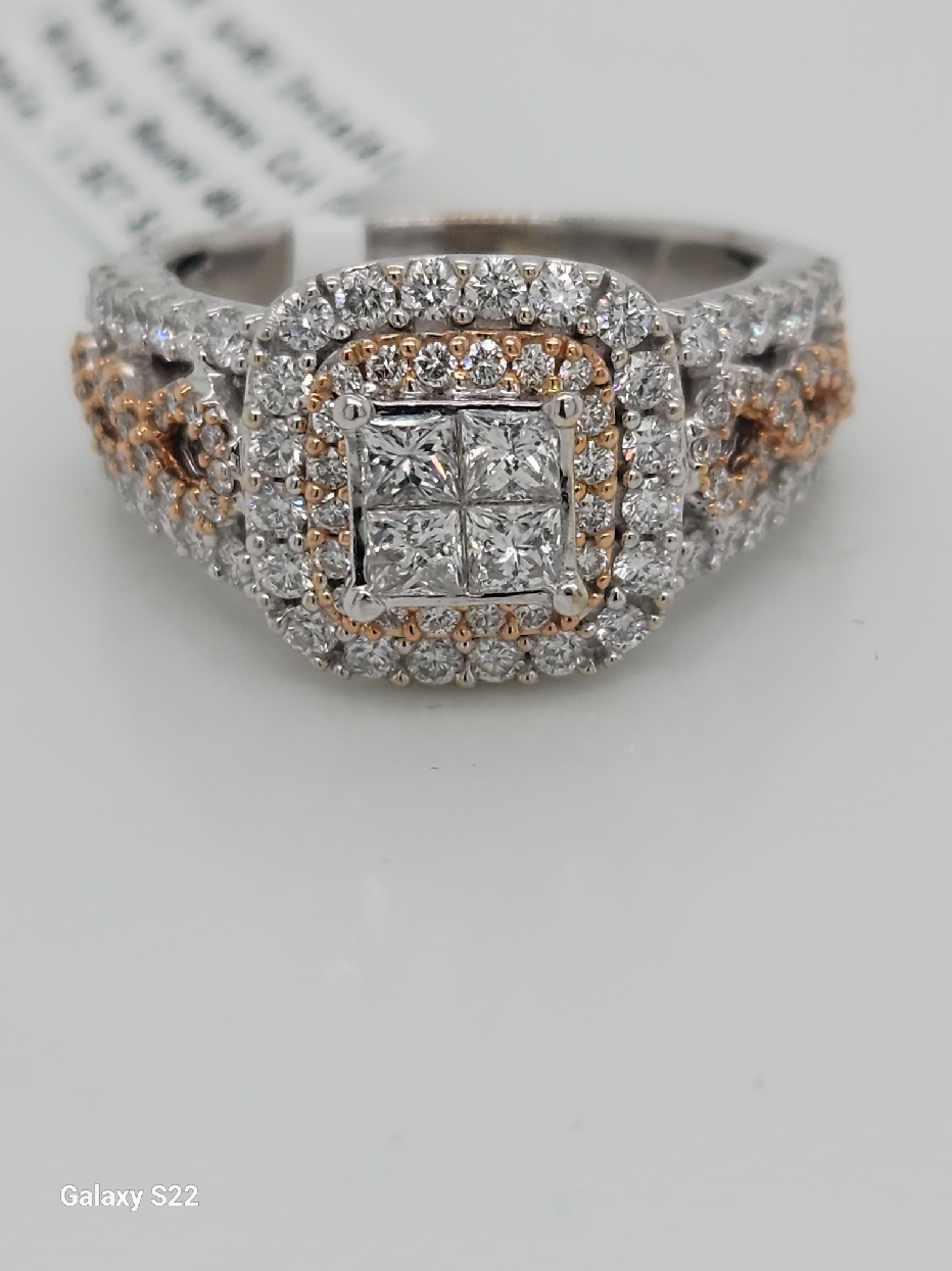 14K White and Rose Gold Invisible Set Princess Cut Diamond Ring with Double Round Diamond Halo 1.50CT Size 7.5