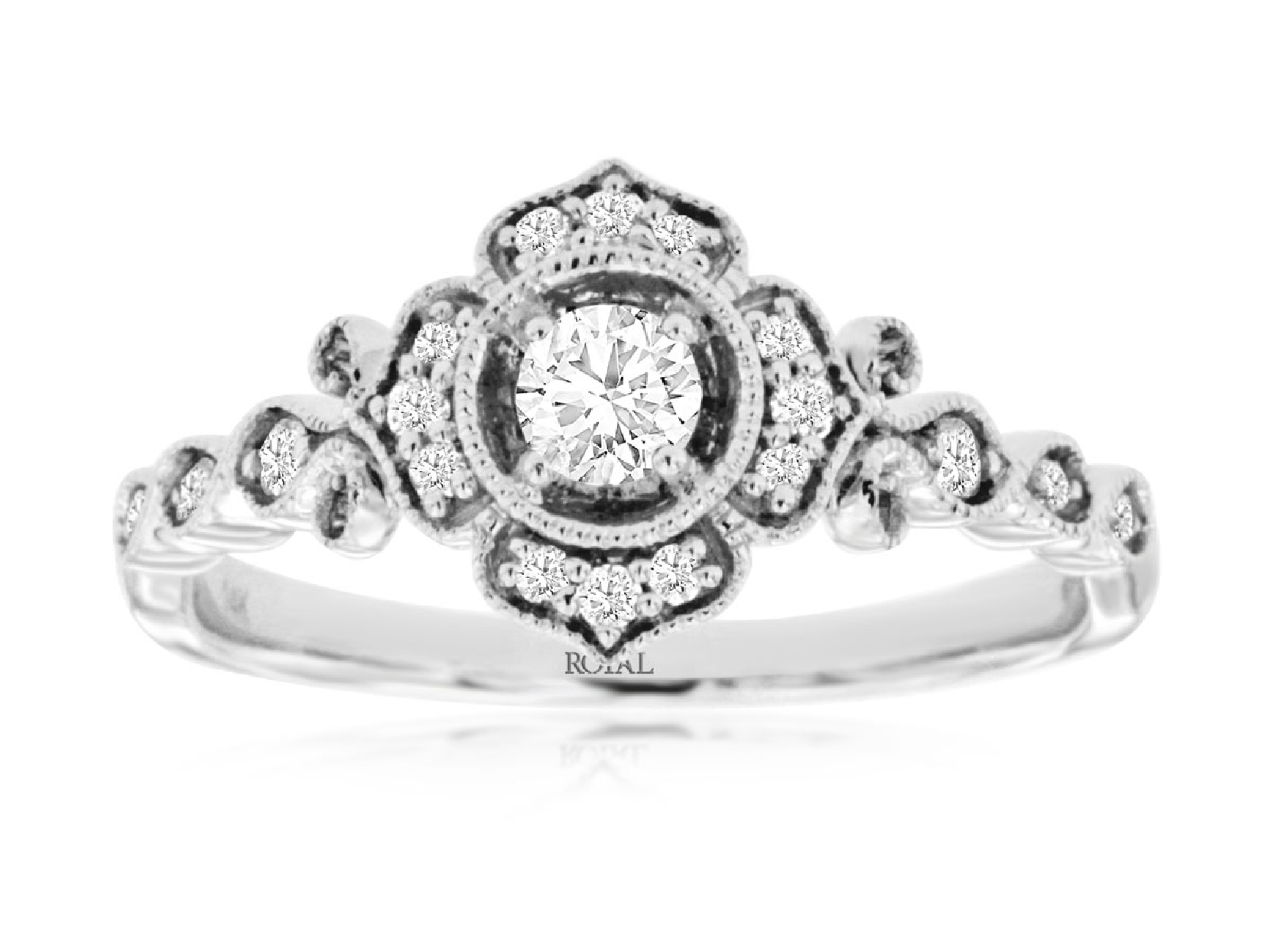 14K White Gold Round Diamond Engagement Ring with Art Deco Inspired Stylized Halo and Accent Diamonds Down the Band

Size 7
0.30cttw Diamonds
