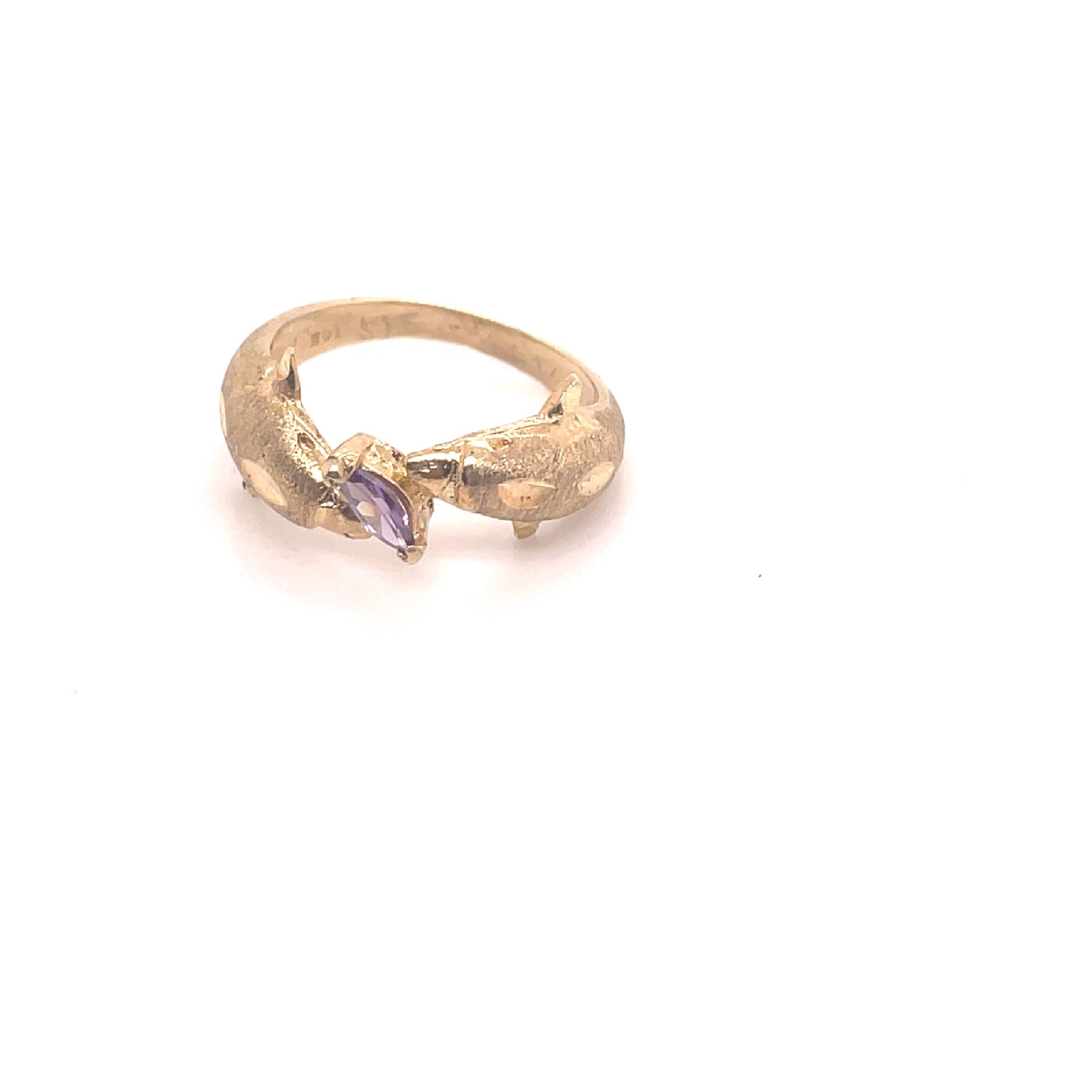 14K Yellow Gold Dolphin Ring with Small Marquis Amethyst Size 4.75