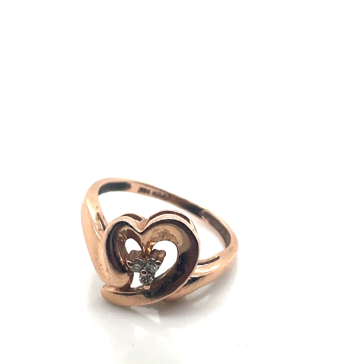14K Rose Gold Heart Shaped Ring with Diamond Center Stones Size 5 
