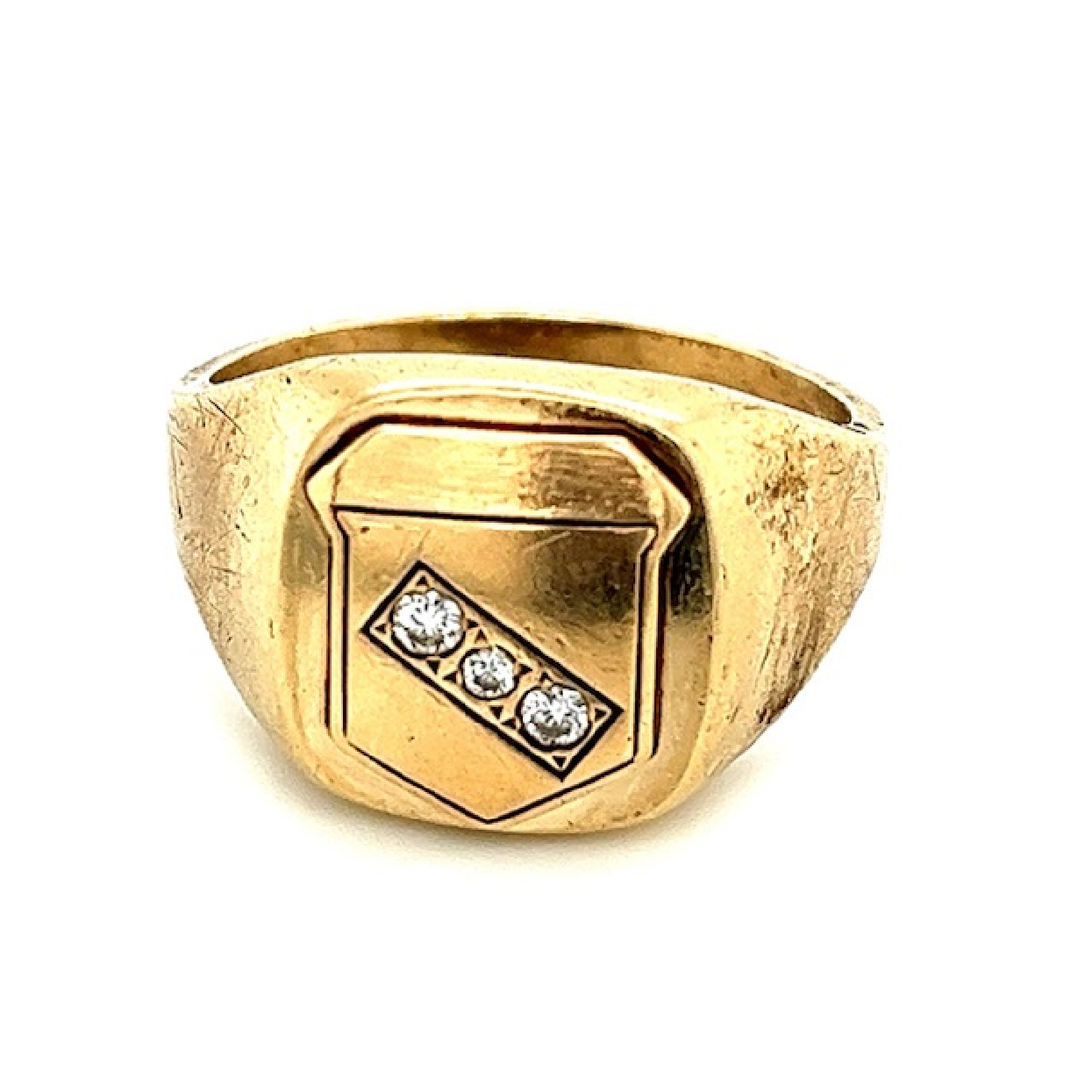 10K Yellow Gold Signet Style Ring with Three Inlayed Diamonds
Size 14 