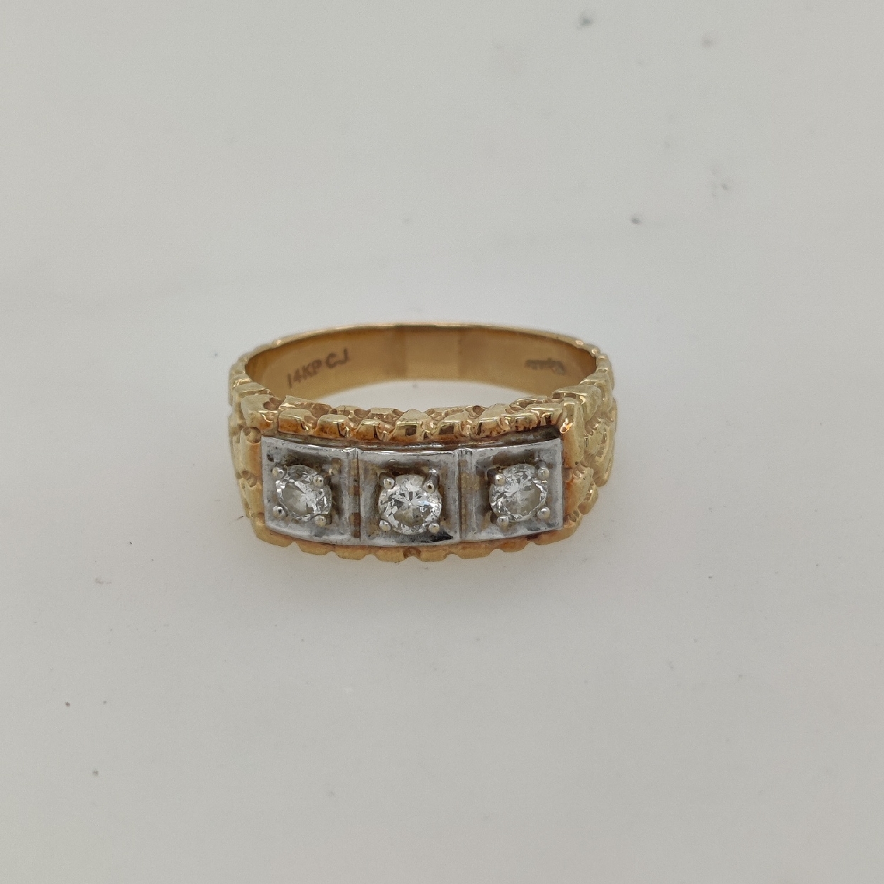 14K Two Tone Gold Nugget Style Band with 3 Diamonds; Size 11